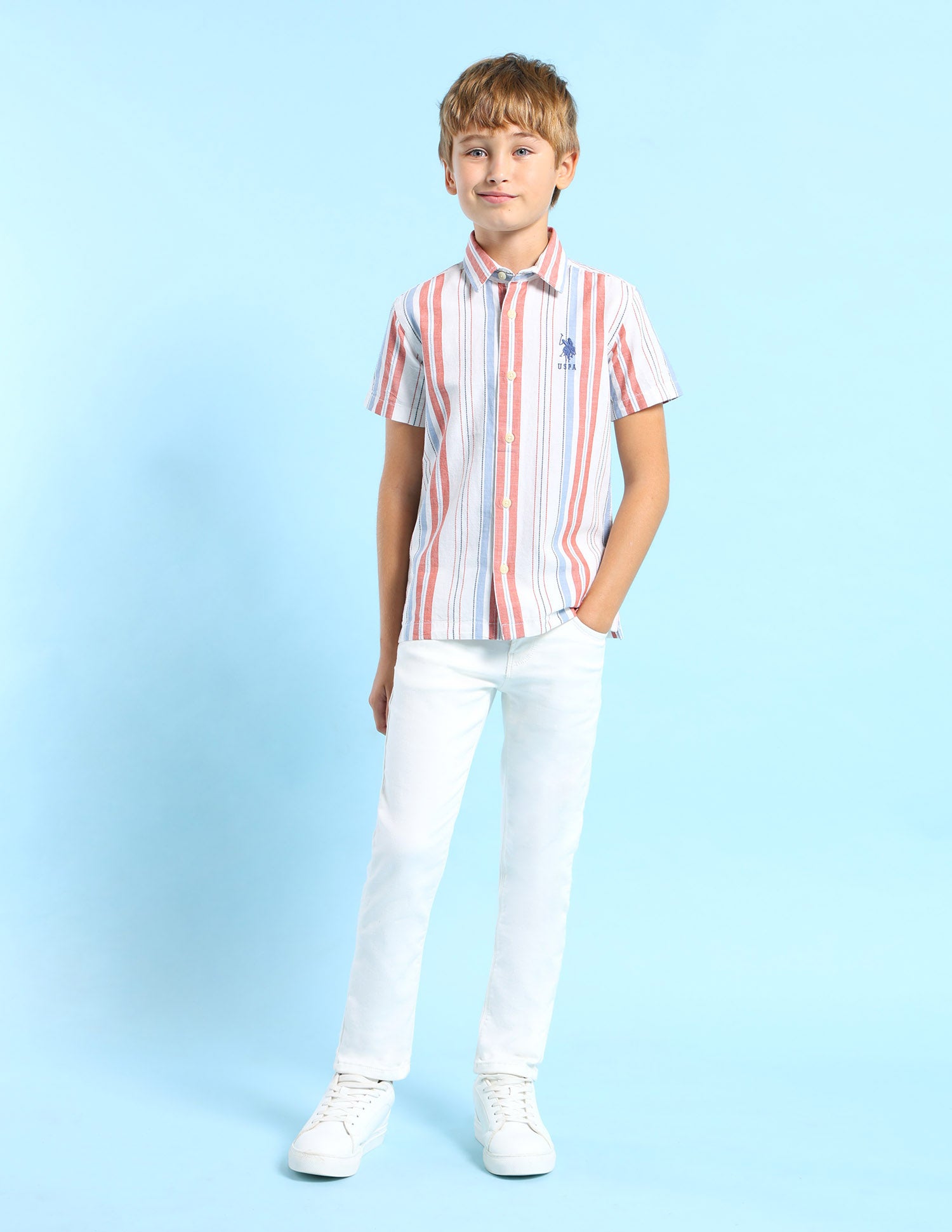 Boys Dobby Vertical Striped Shirt Red - U.S. POLO ASSN. | Large