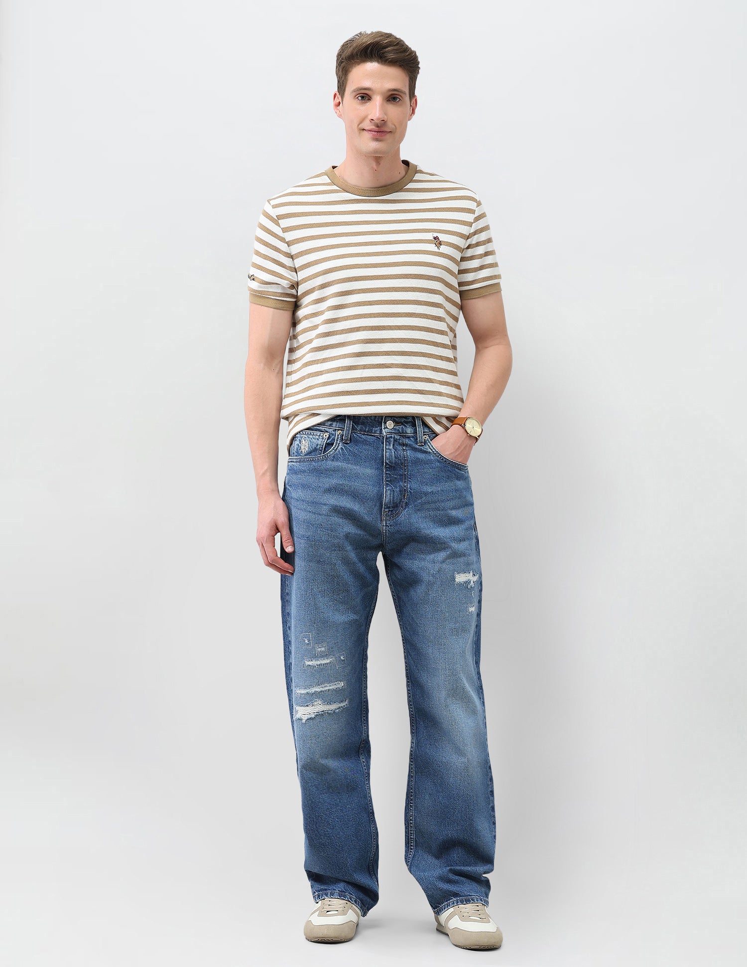 Logan Loose Straight Fit Blue Distressed Jeans Mid Blue - U.S. Polo Assn. India | Large