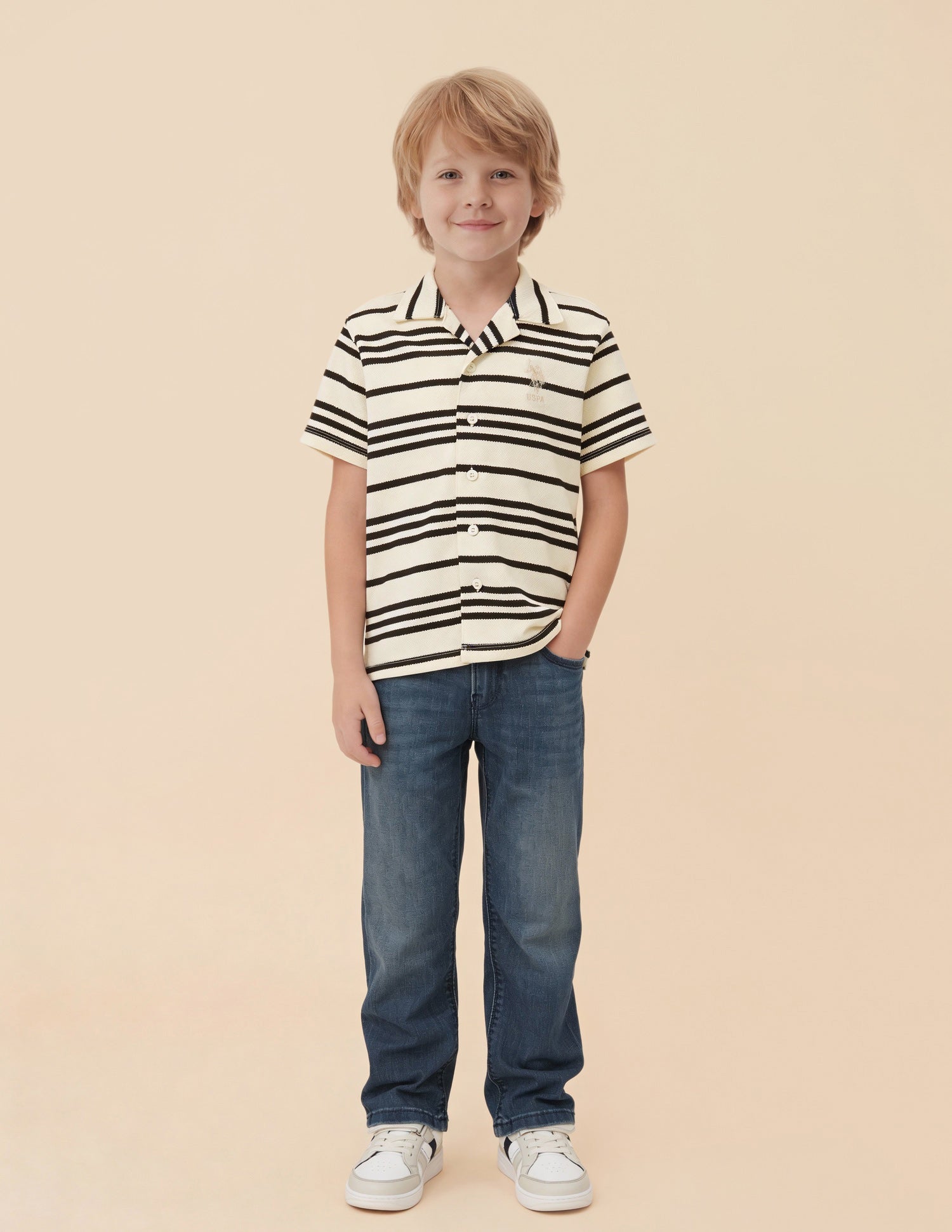 Boys Striped Patterned Knit Boxy Fit Shirt White - U.S. Polo Assn. India | Large