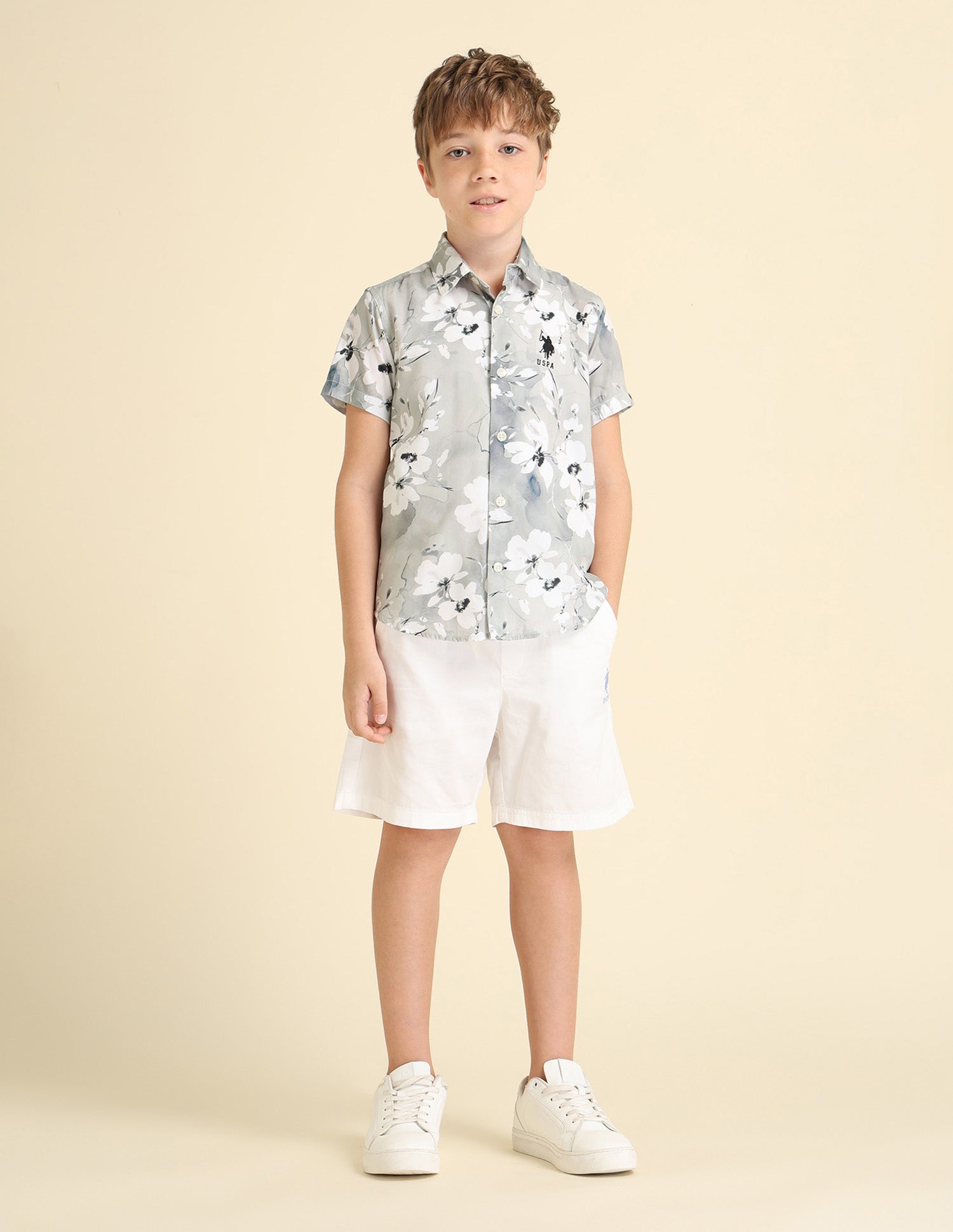 Boys Floral Printed Regular Fit Shirt Grey - U.S. POLO ASSN. | Large
