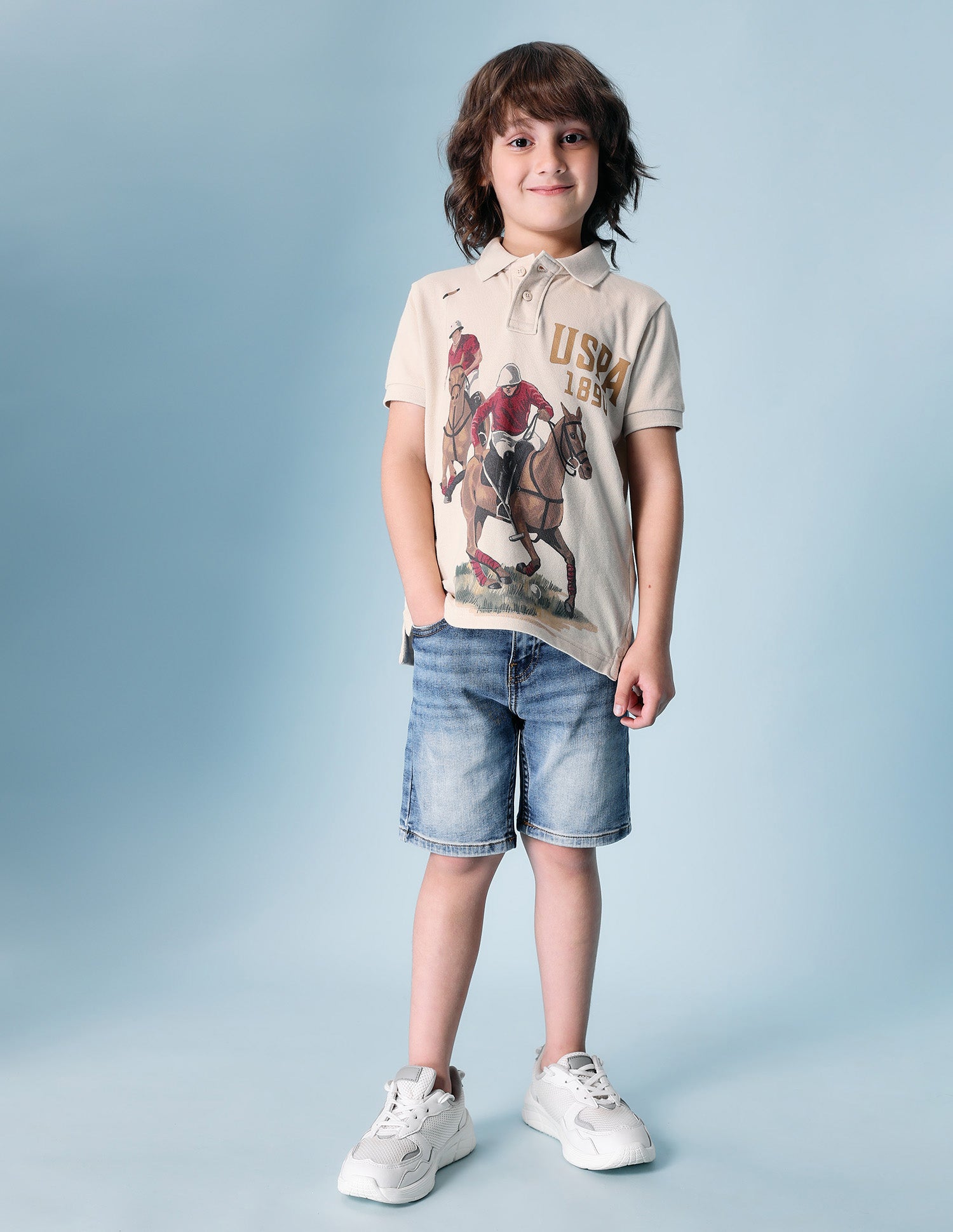 Boys Brand Printed Pure Cotton Polo Shirt Beige - U.S. POLO ASSN. | Large