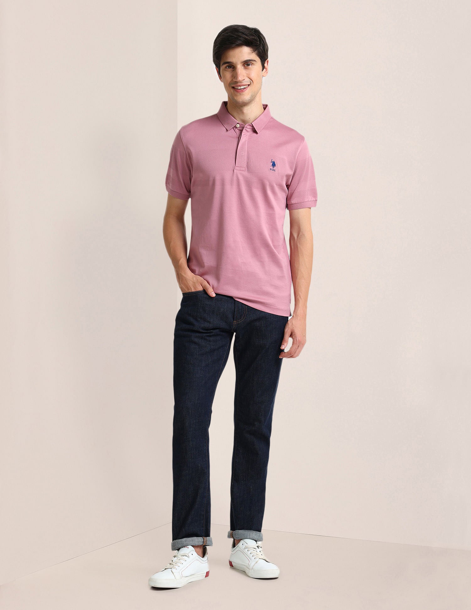 Slim Fit Horizontal Stripe Polo Shirt Light Pink - U.S. Polo Assn. India | Large