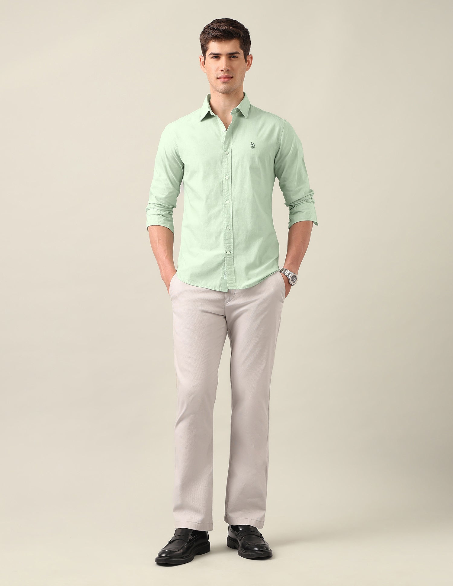 Tailored Fit Solid Shirt Light Green - U.S. Polo Assn. India | Large