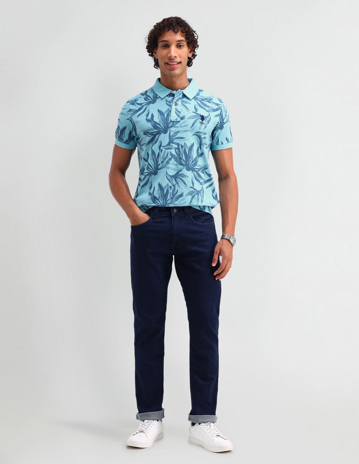 Floral Print Cotton Polo Shirt Blue - U.S. Polo Assn. India | Large
