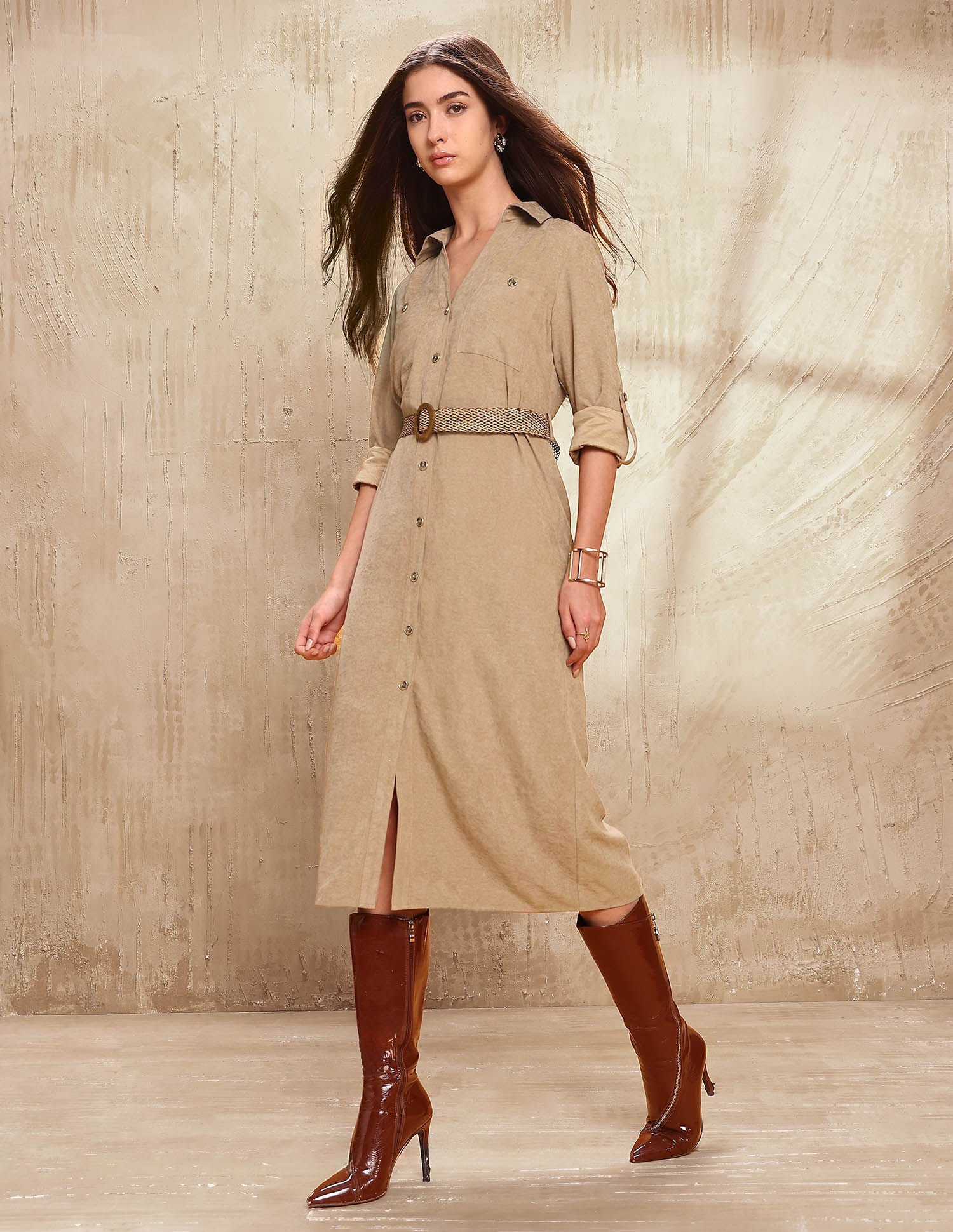 Solid Midi Shirt Dress Brown - U.S. POLO ASSN. | Large