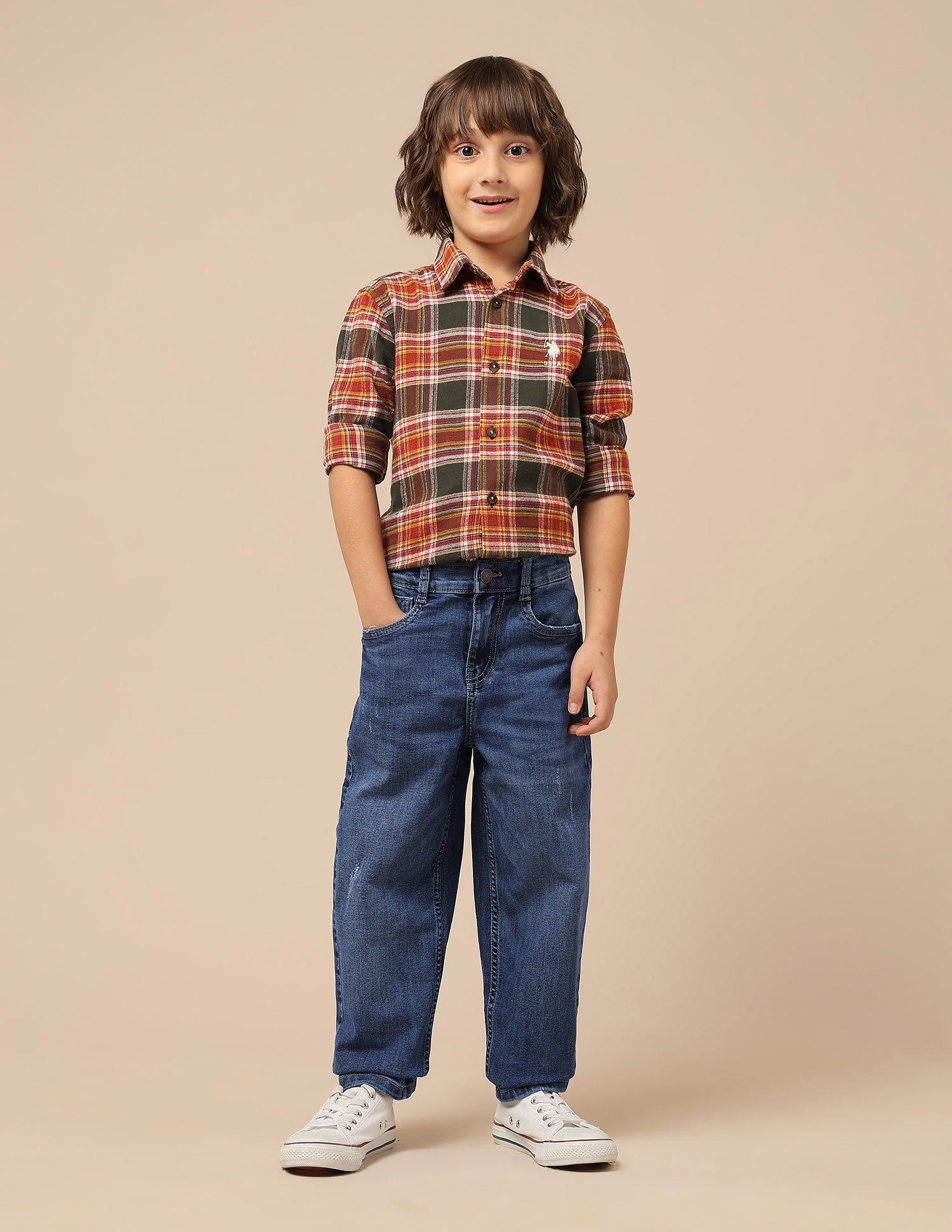 Boys Baggy Fit Lightly Distressed Jeans Mid Blue - U.S. POLO ASSN. | Large