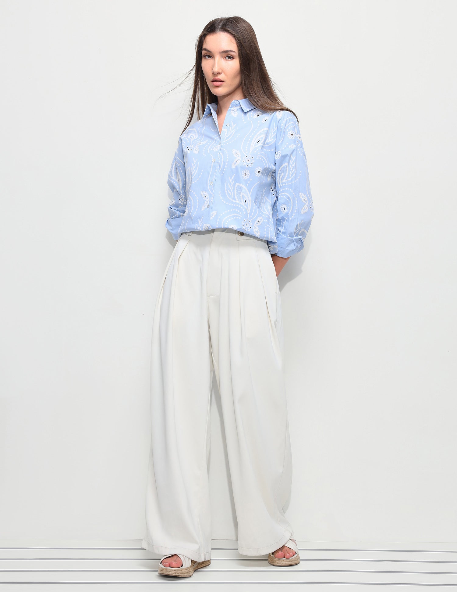 Floral Printed Cut Work Oversized Fit Shirt Light Blue - U.S. Polo Assn. India | Large