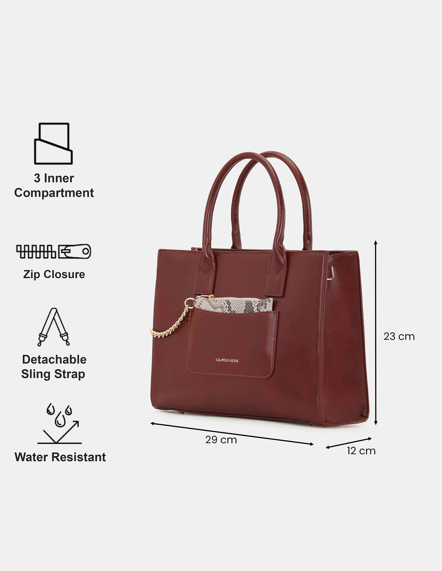 Women Bonnie Satchel Bag with Chain Card Holder Burgundy - U.S. POLO ASSN. | Large