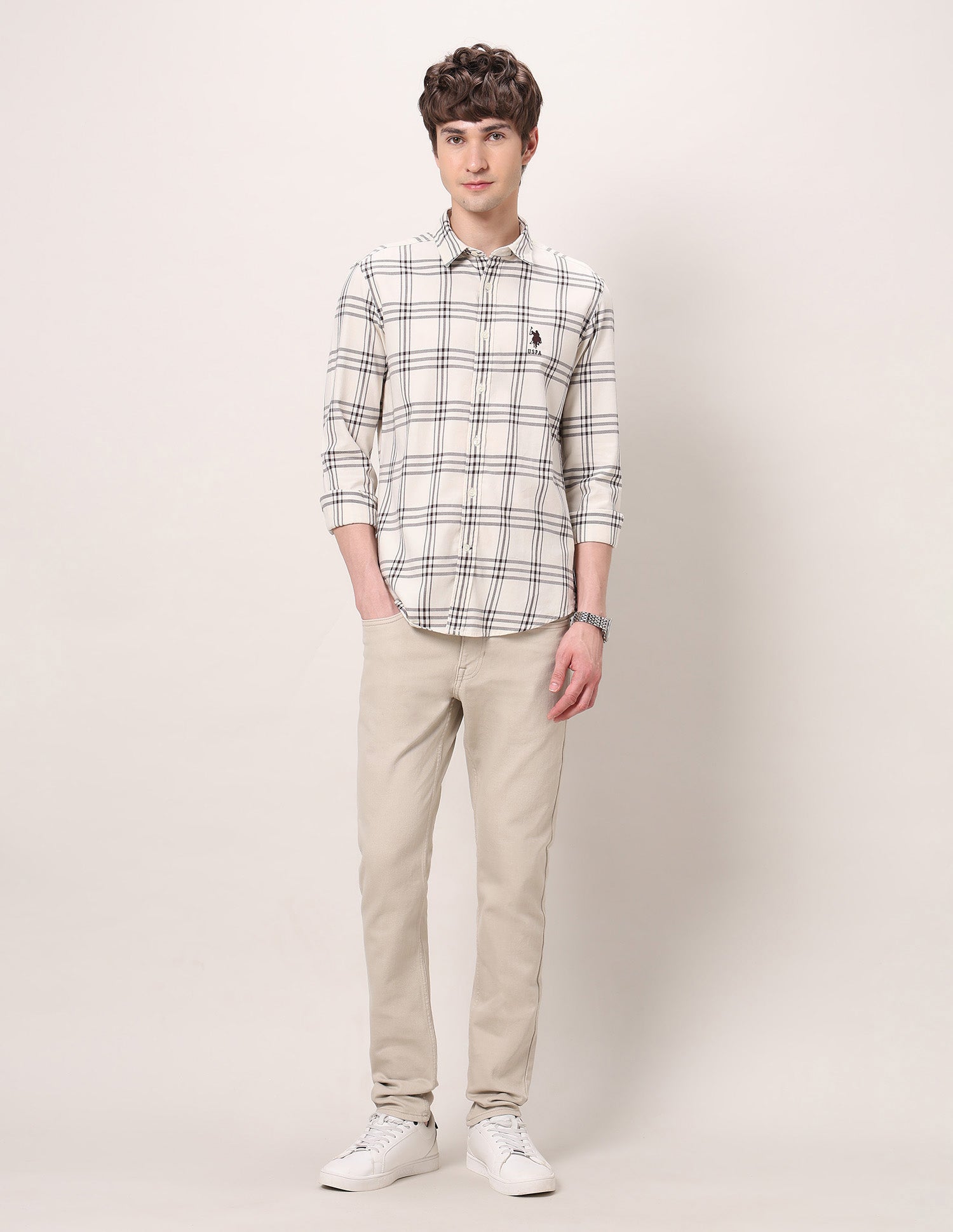 Grid Tattersall Checked Pure Cotton Shirt Ivory - U.S. POLO ASSN. | Large