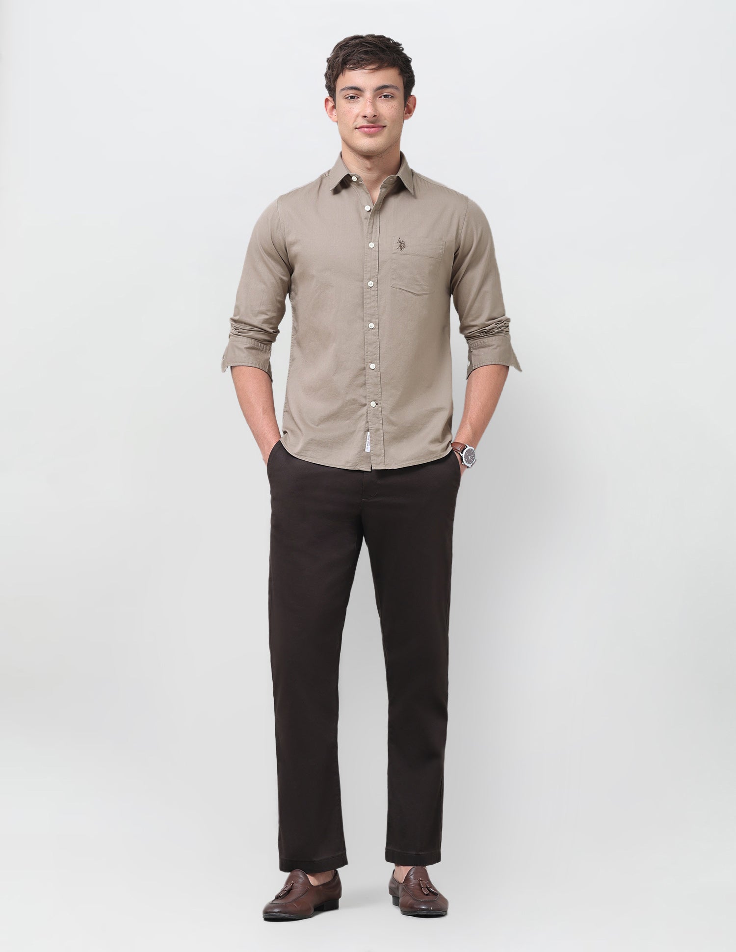 Tailored Fit Twill Shirt Light Olive - U.S. Polo Assn. India | Large