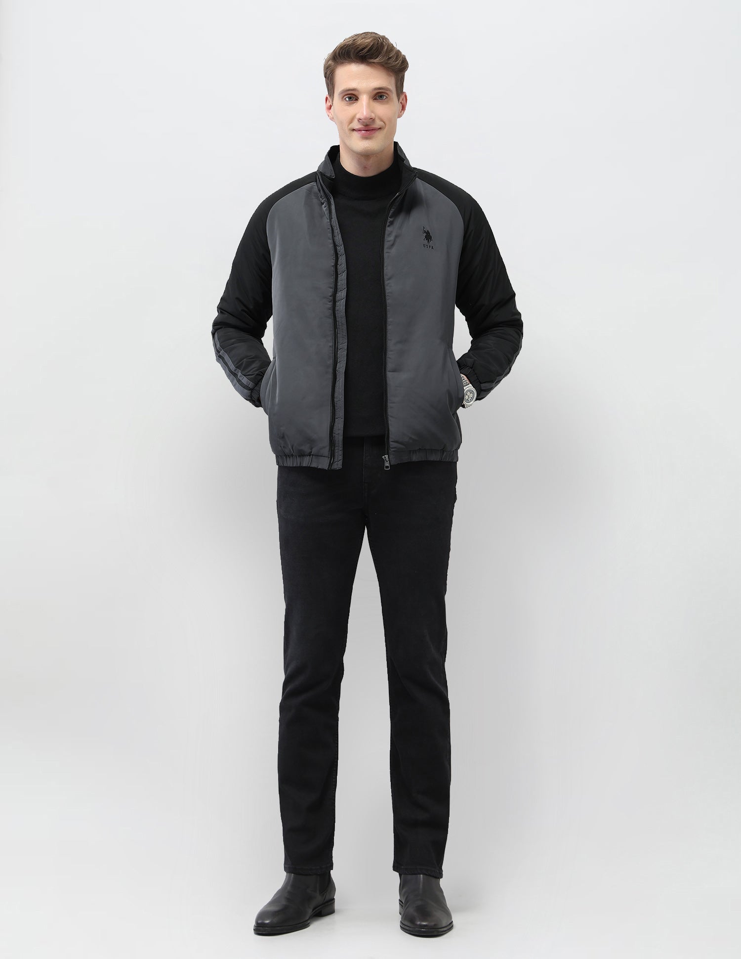 Colour Blocked Regular Fit Puffer Jacket Grey - U.S. Polo Assn. India | Large