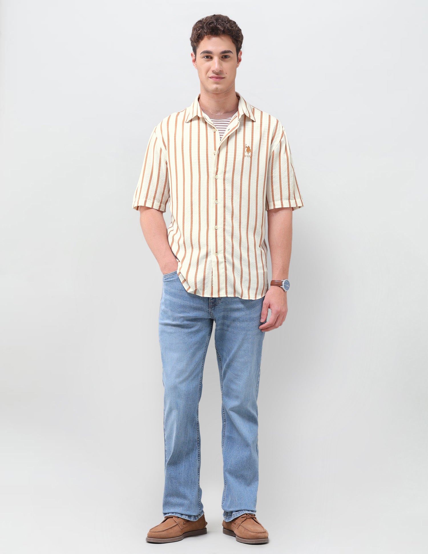 Vertical Striped Seersucker Weave Shirt Light Brown - U.S. Polo Assn. India | Large
