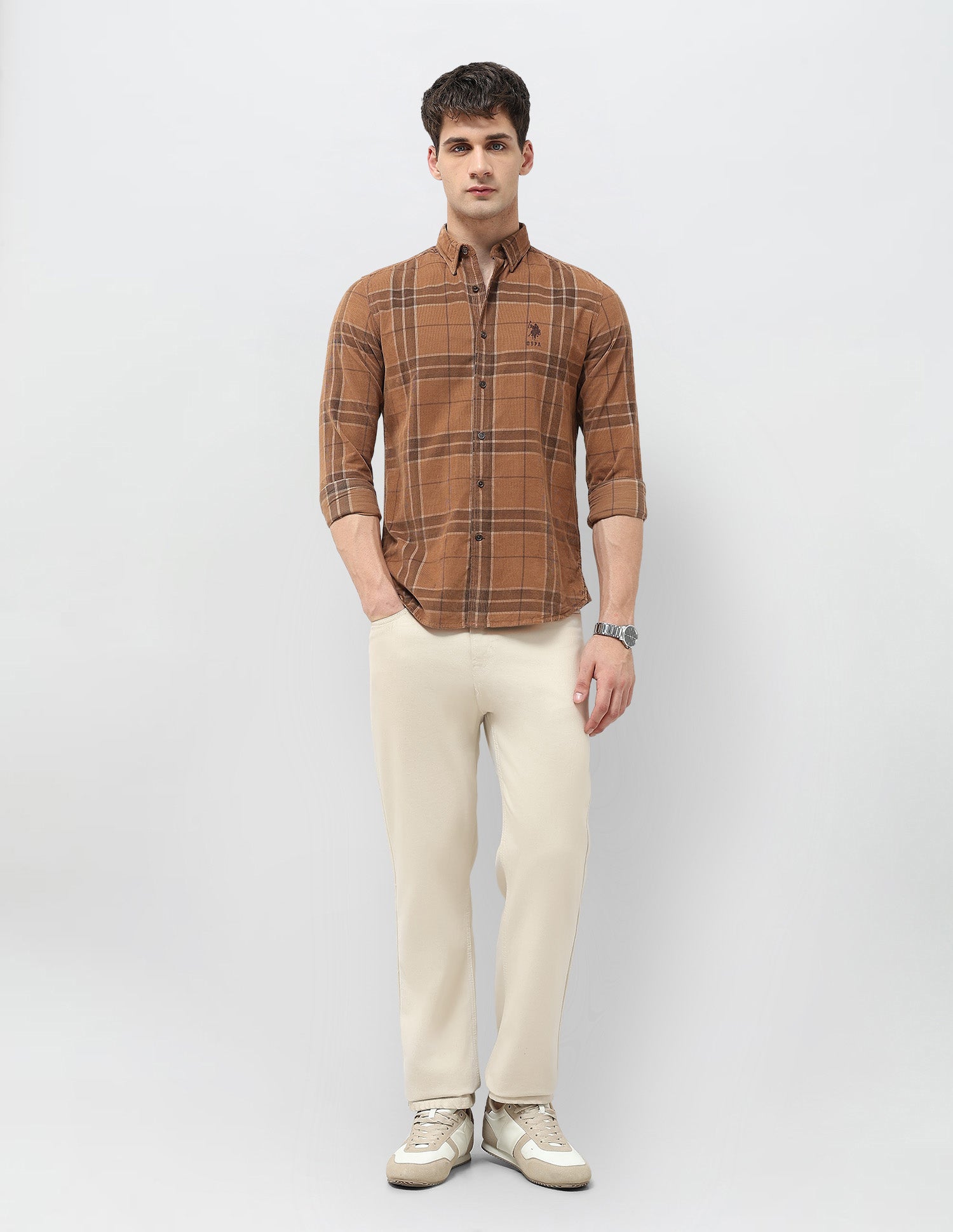 Tartan Checked Corduroy Shirt Light Brown - U.S. POLO ASSN. | Large
