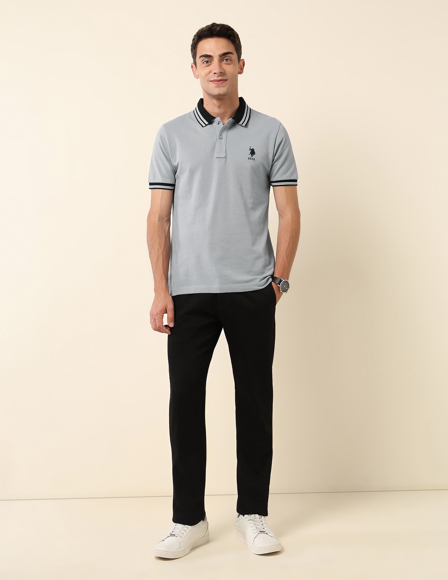 Slim Fit Solid Polo Shirt Light Grey - U.S. Polo Assn. India | Large