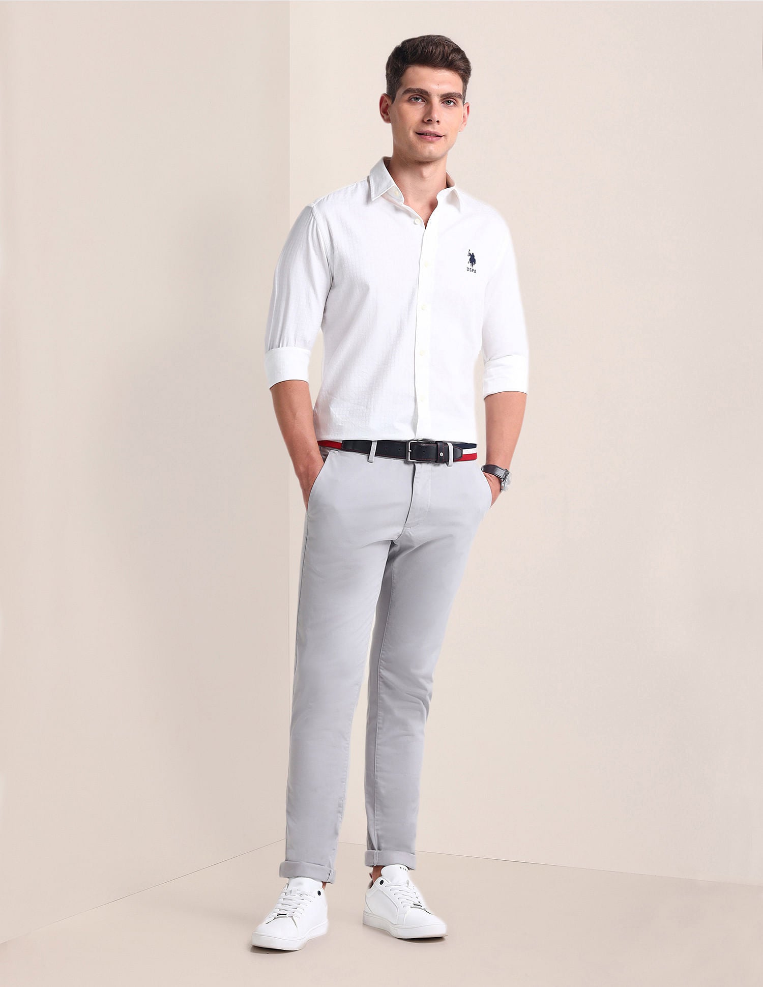 Semi Cutaway Collar Cotton Shirt White - U.S. POLO ASSN. | Large
