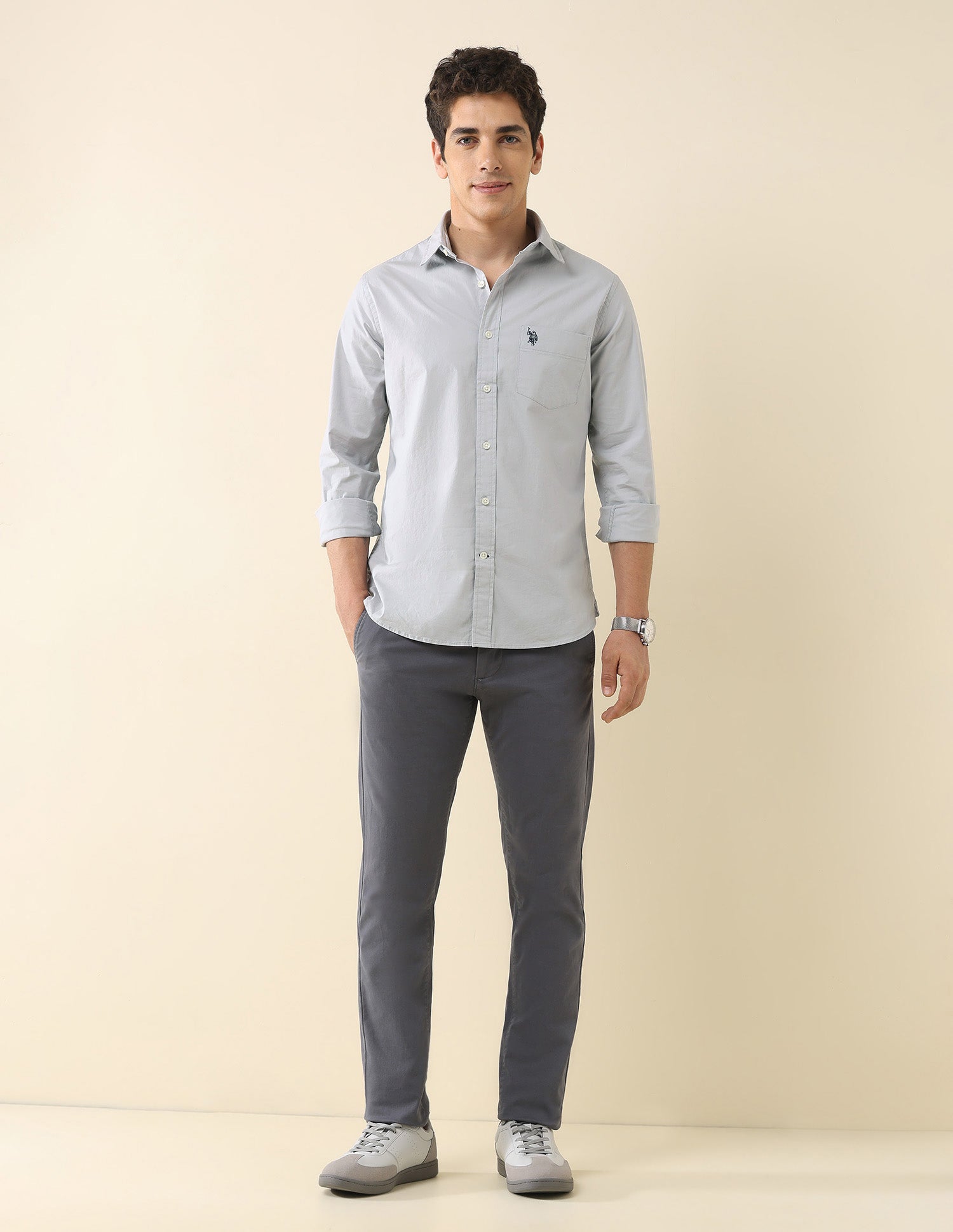 Solid Tailored Fit Regular Shirt Light Grey - U.S. Polo Assn. India | Large