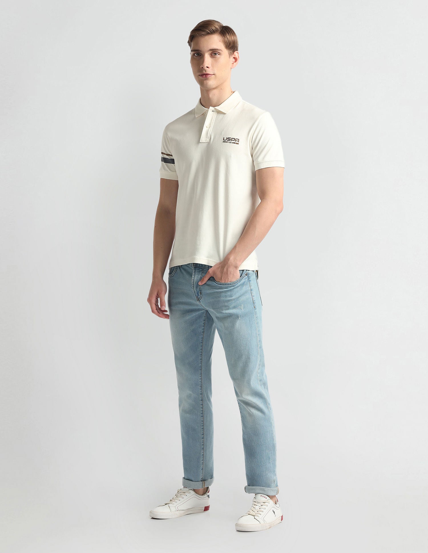 Ribbed Collar Solid Polo Shirt Ivory - U.S. Polo Assn. India | Large