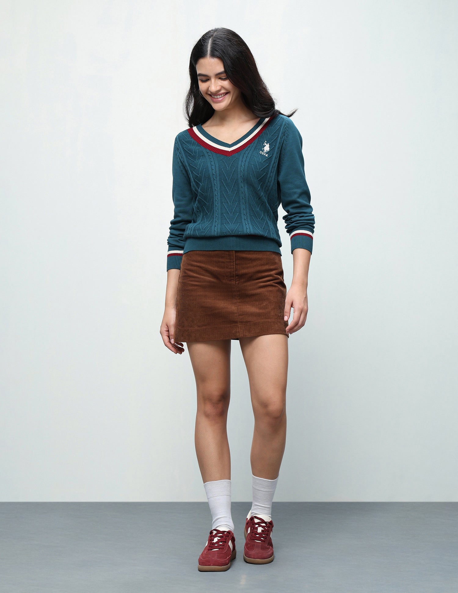 Cable Patterned Knit Regular Fit Sweater Teal - U.S. Polo Assn. India | Large