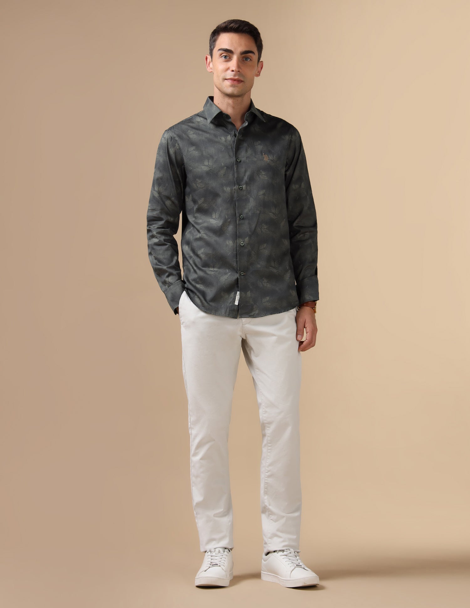 Tropical Printed Pure Cotton Shirt Olive - U.S. POLO ASSN. | Large