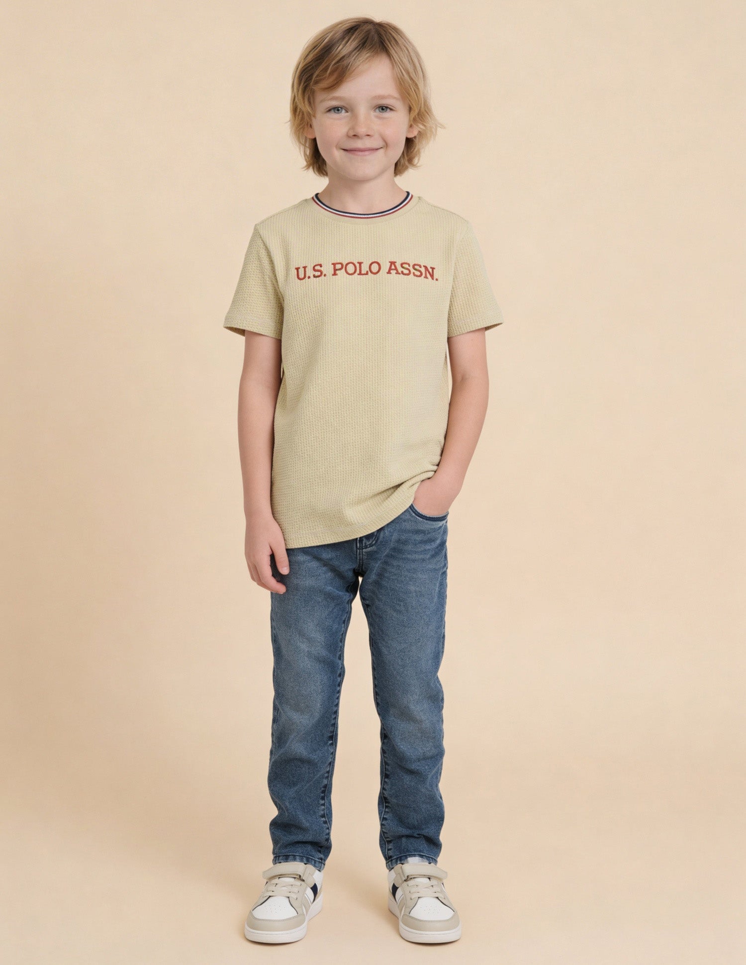 Textured With Brand Embroidered Regular Fit T-Shirt Beige - U.S. Polo Assn. India | Large