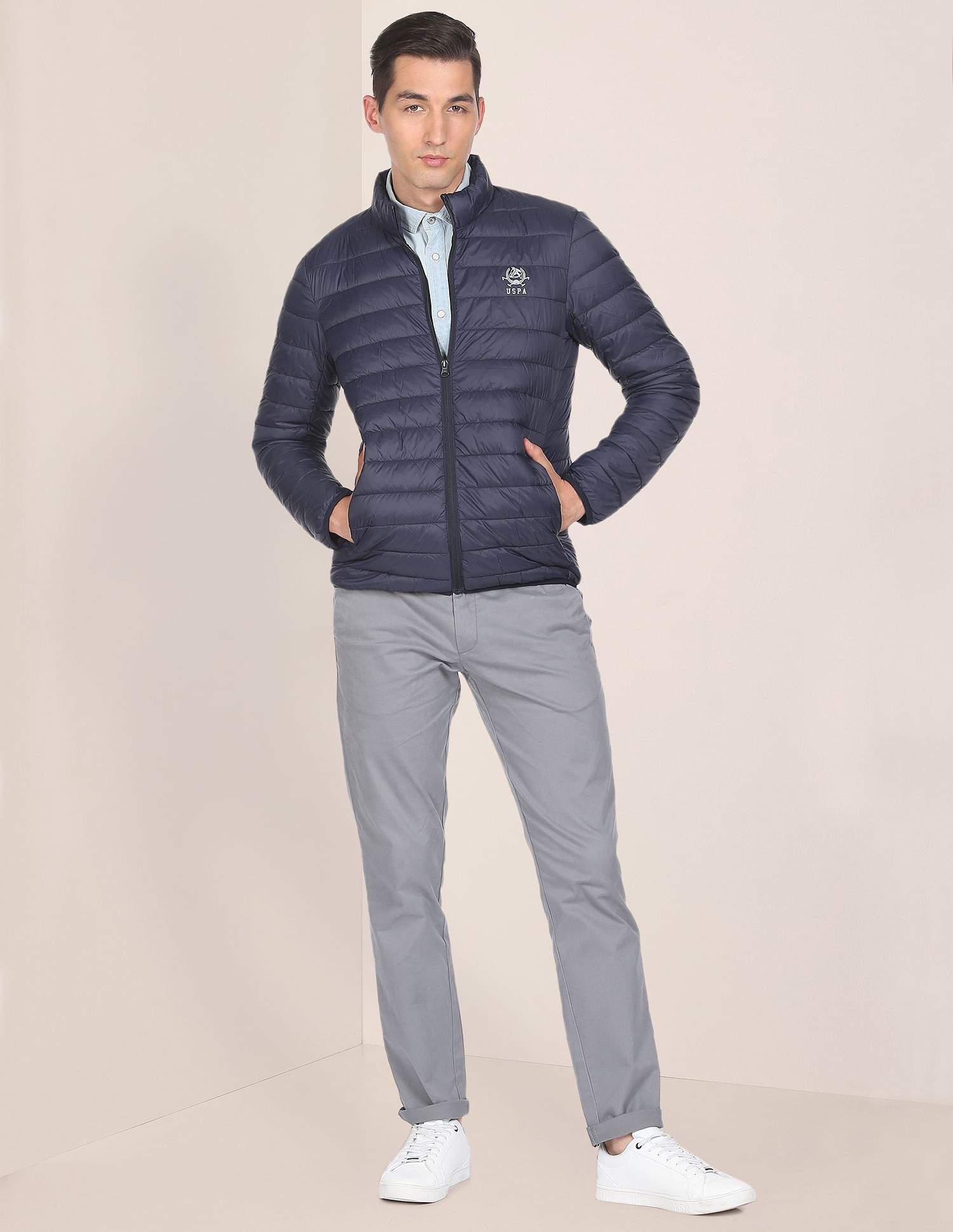 High Neck Nylon Solid Puffer Jacket Navy - U.S. POLO ASSN. | Large