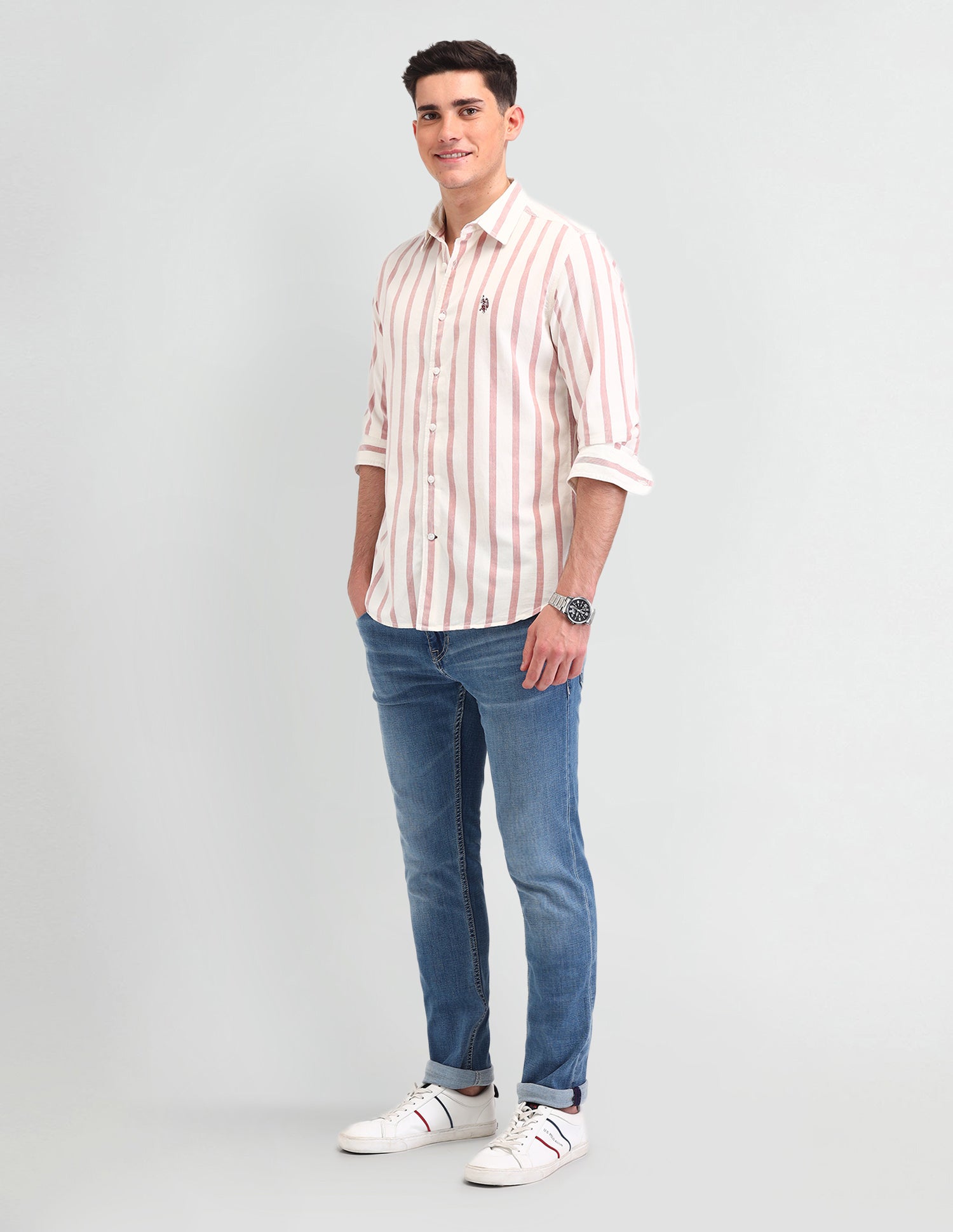 Vertical Striped Slim Fit Cotton Shirt Rust - U.S. Polo Assn. India | Large