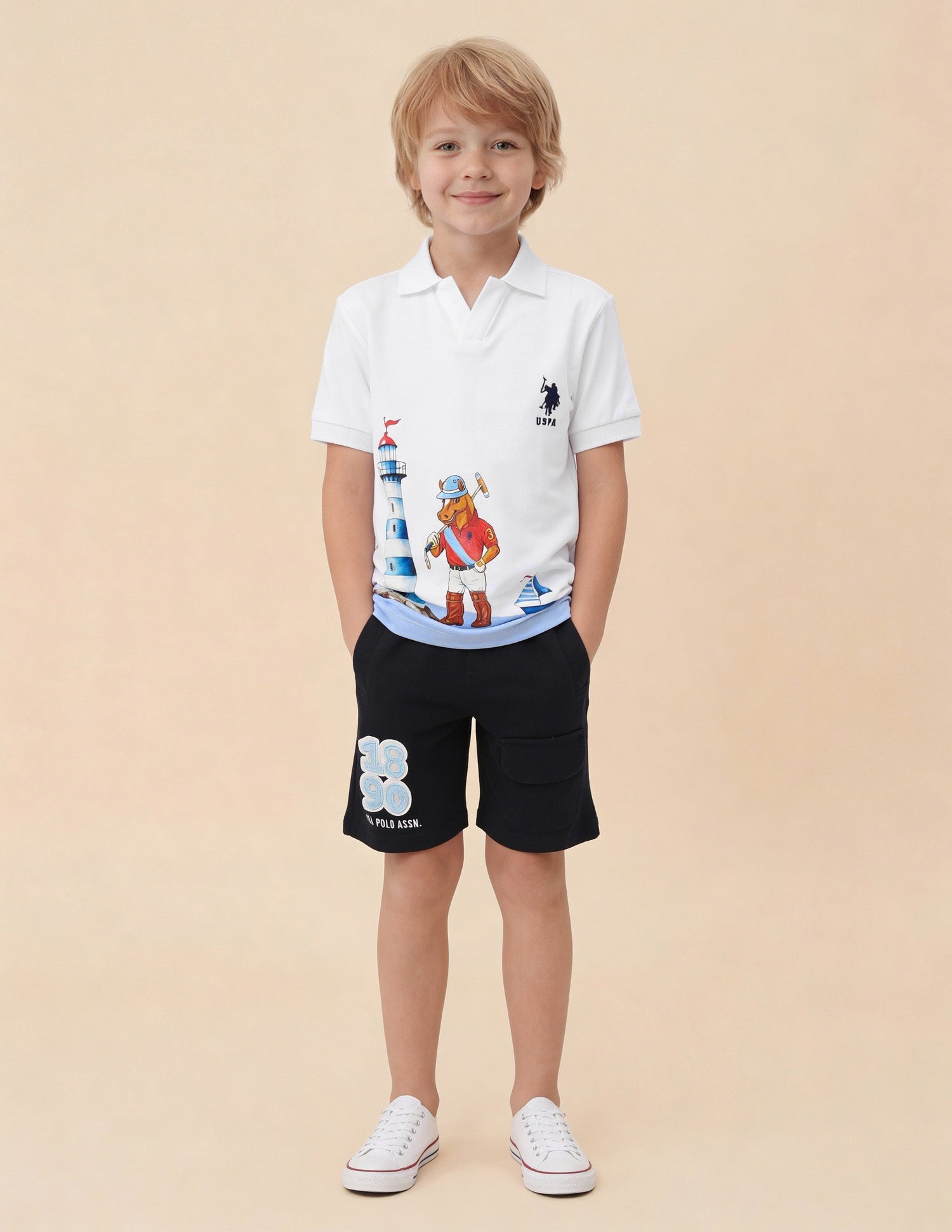 Graphic Brand Printed Regular Fit Polo Shirt White - U.S. Polo Assn. India | Large