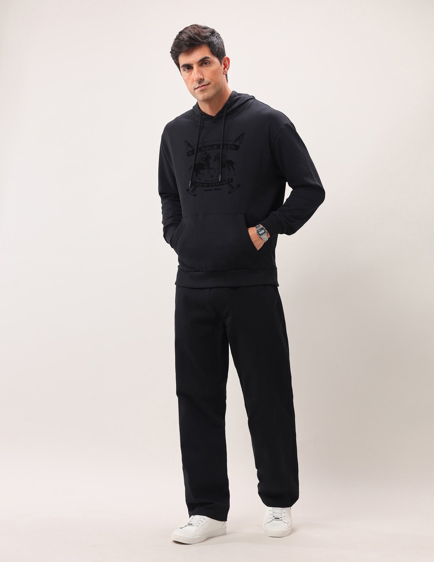 Brand Printed Hooded Sweatshirt Black - U.S. Polo Assn. India | Large