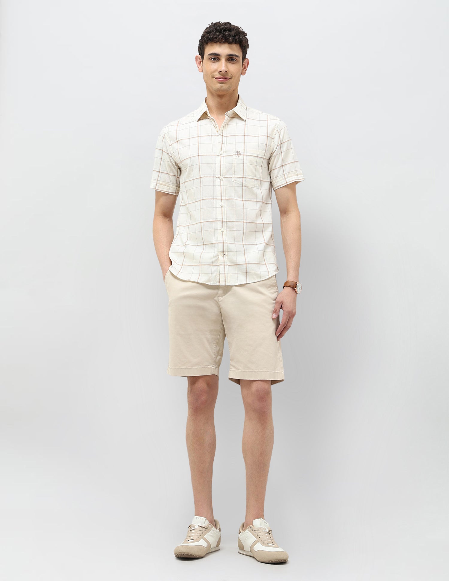 Windowpane Checked Tailored Fit Shirt Ivory - U.S. POLO ASSN. | Large