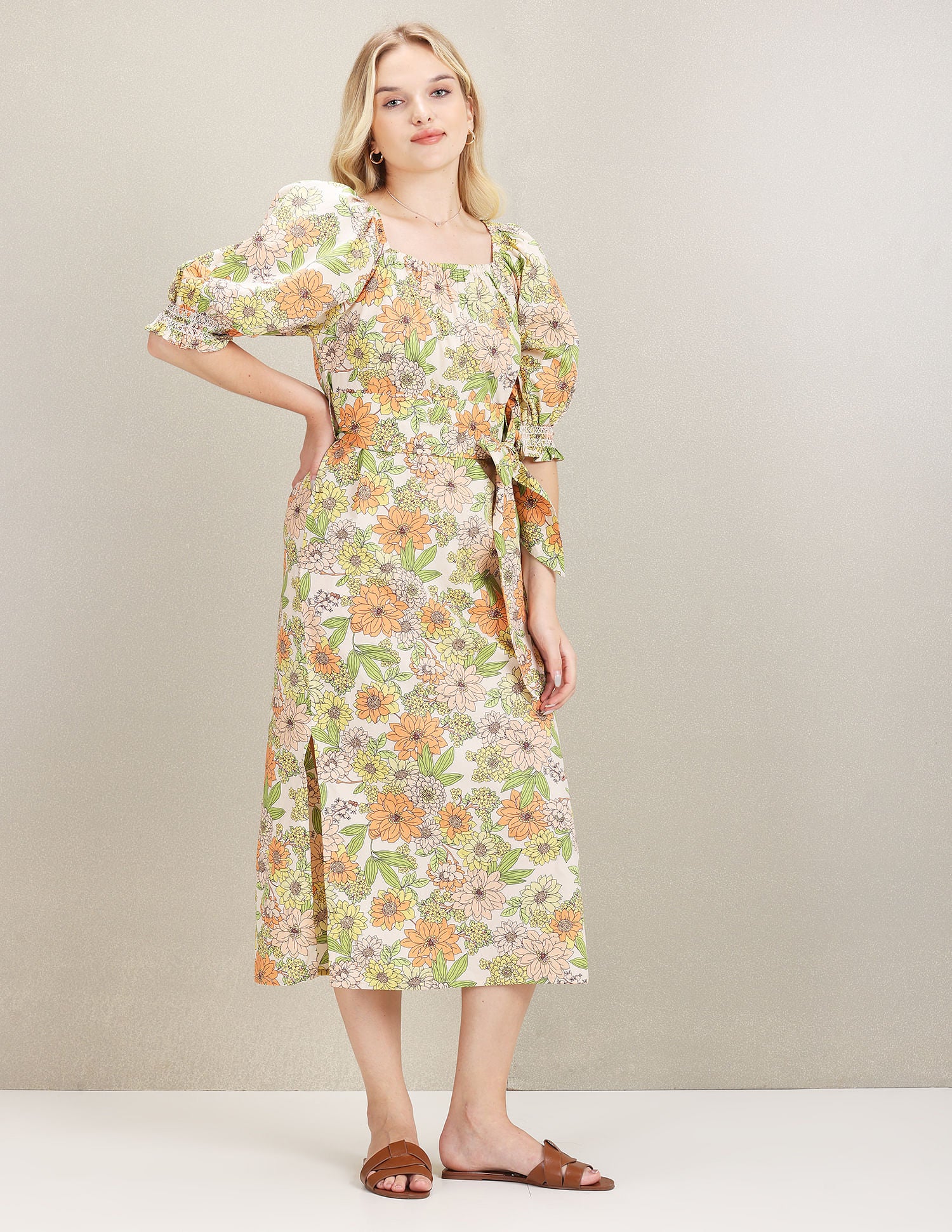 Square Neck Tie Up Midi Dress Peach - U.S. Polo Assn. India | Large