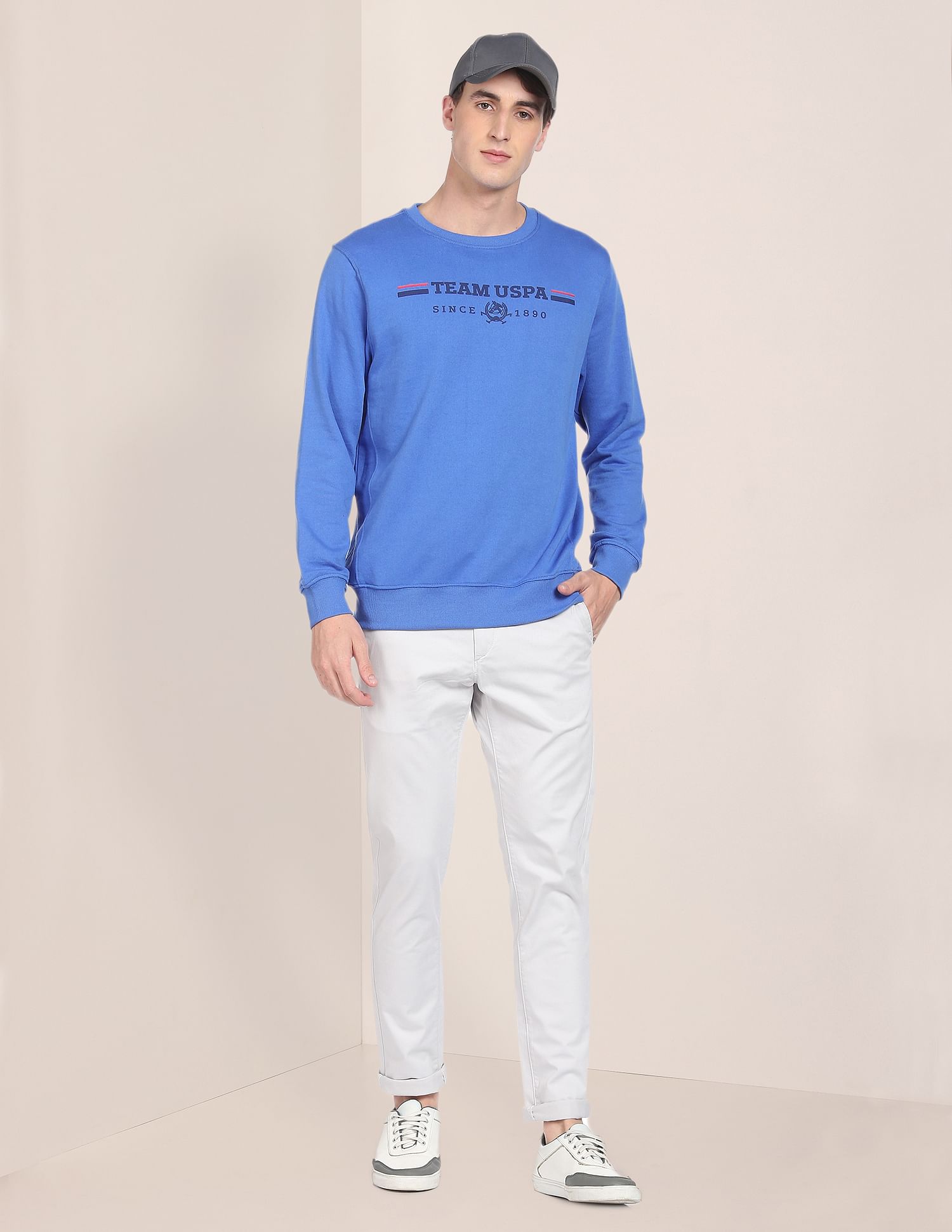 Men Blue Crew Neck Brand Print Sweatshirt Blue - U.S. POLO ASSN. | Large