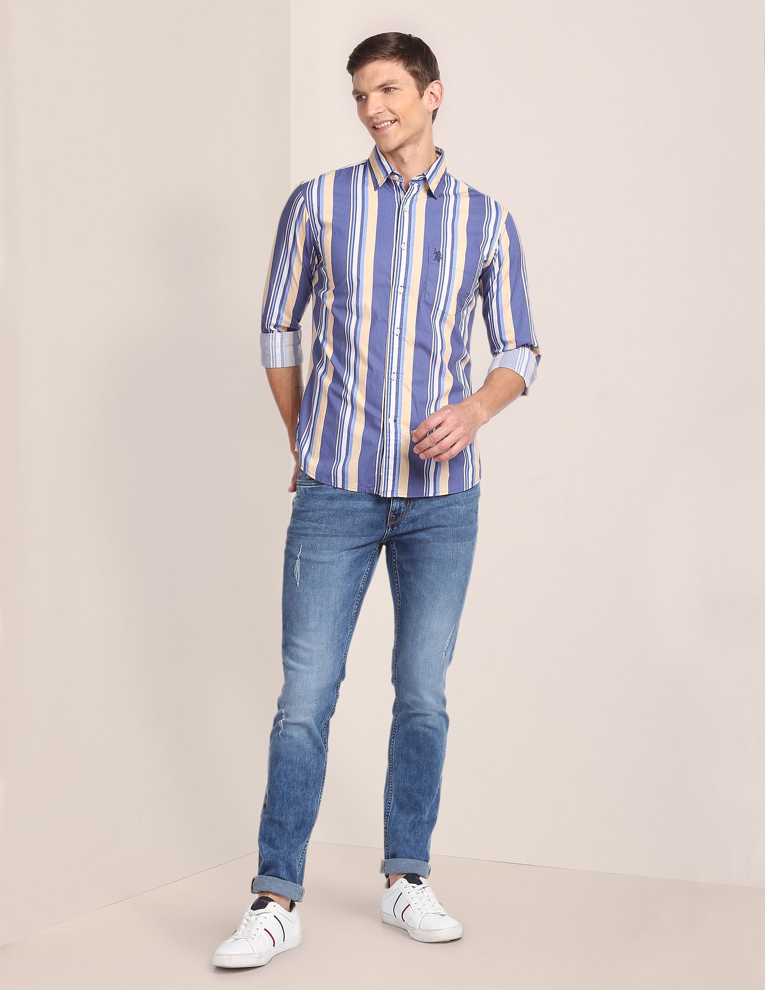 Spread Collar Striped Casual Shirt Blue - U.S. Polo Assn. India | Large