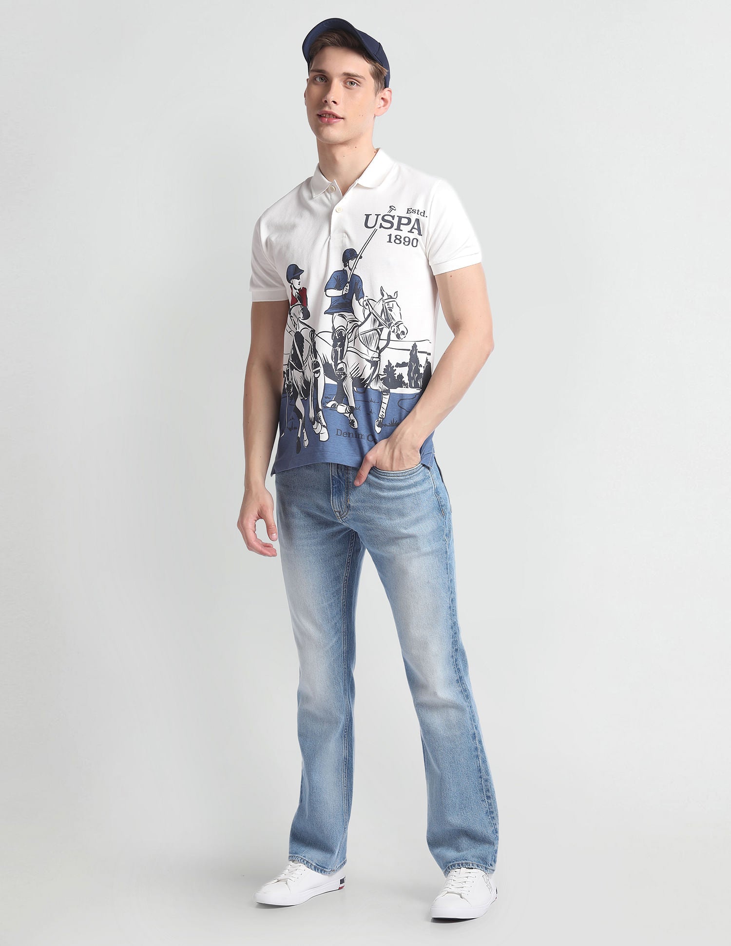 Brand Print Pique Polo Shirt White and Navy - U.S. Polo Assn. India | Large