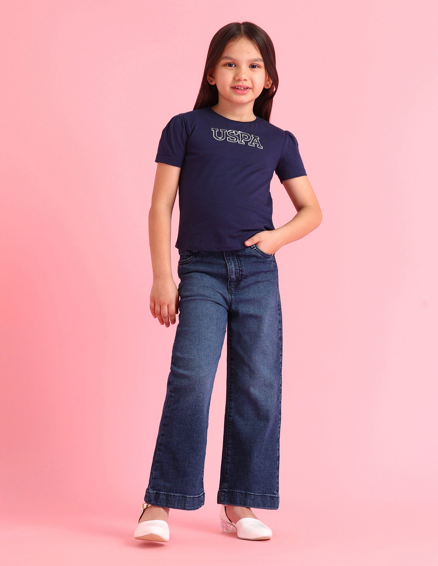 Girls Mid Rise Flared Fit Jeans Dark Blue - U.S. POLO ASSN. | Large