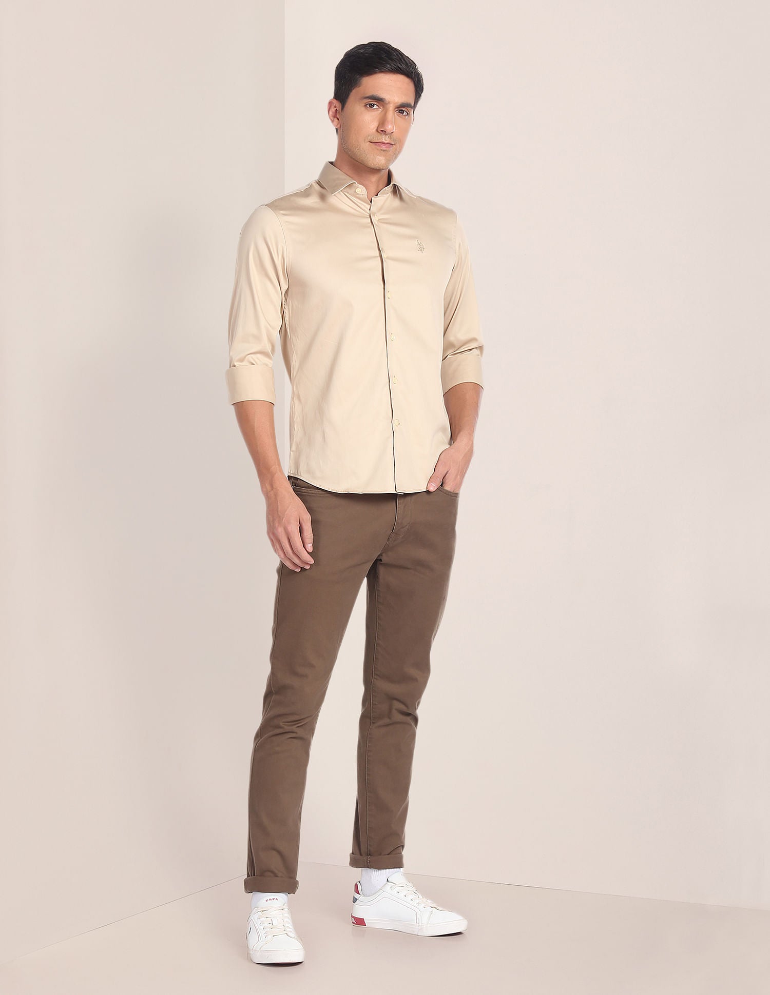 Cutaway Collar Solid Shirt Beige - U.S. POLO ASSN. | Large