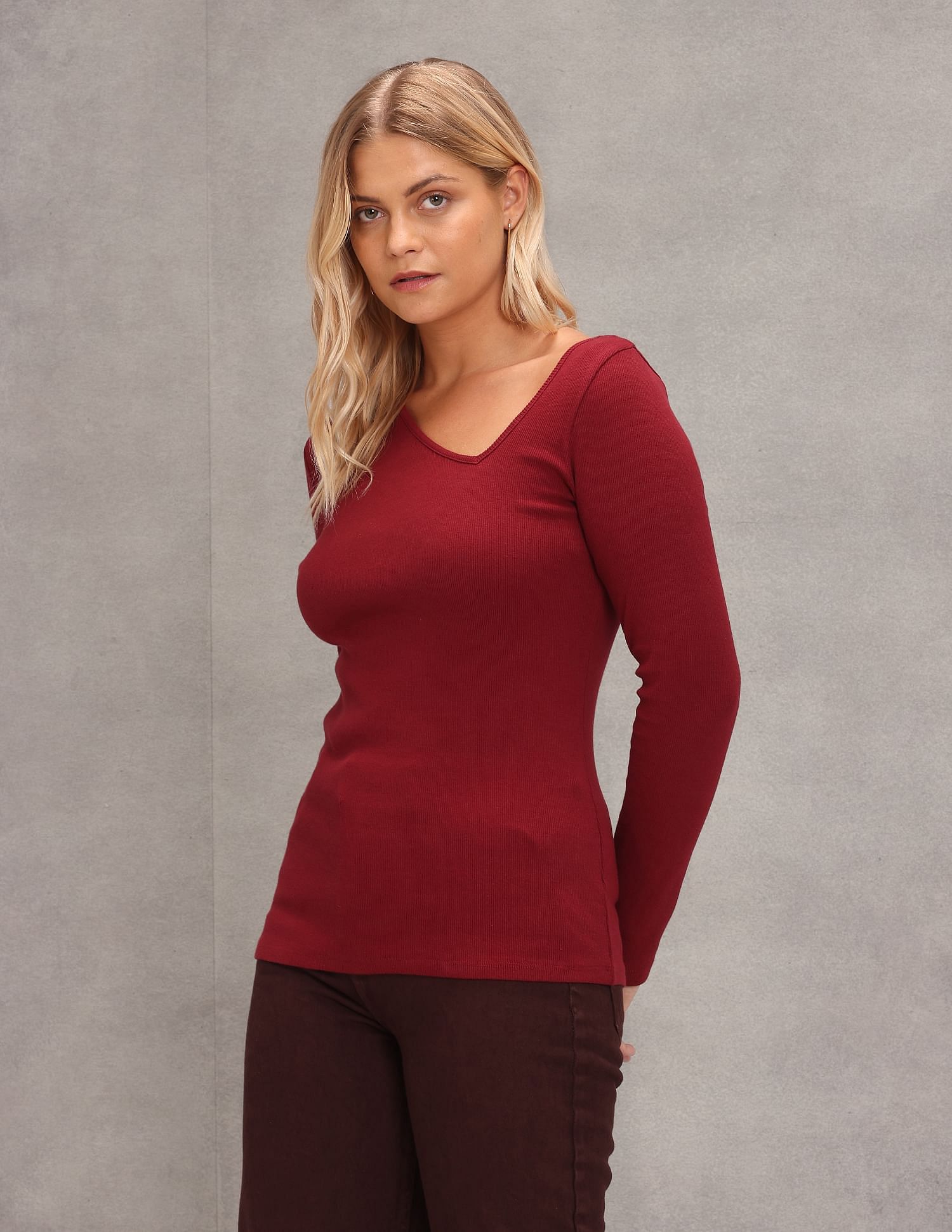 Long Sleeve V-Neck Top Maroon - U.S. Polo Assn. India | Large