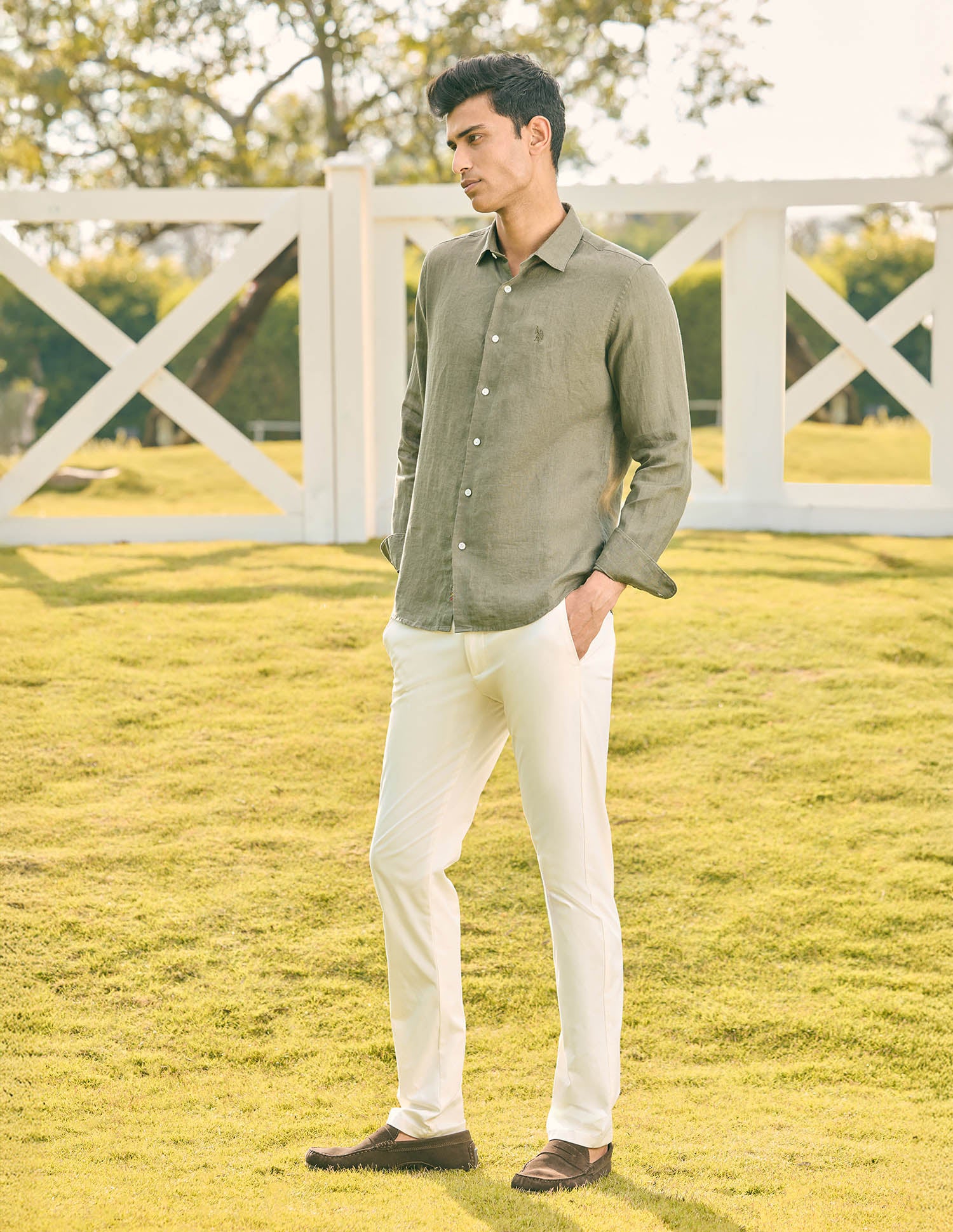 Pacho X Tailored Fit Pure Linen Shirt Olive - U.S. Polo Assn. India | Large