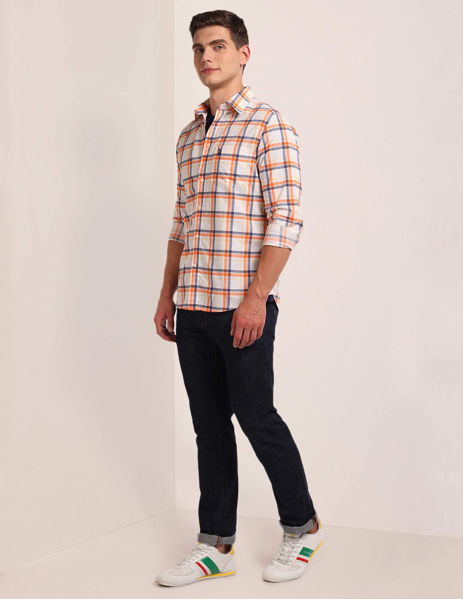 Cutaway Collar Tartan Check Shirt Orange - U.S. POLO ASSN. | Large