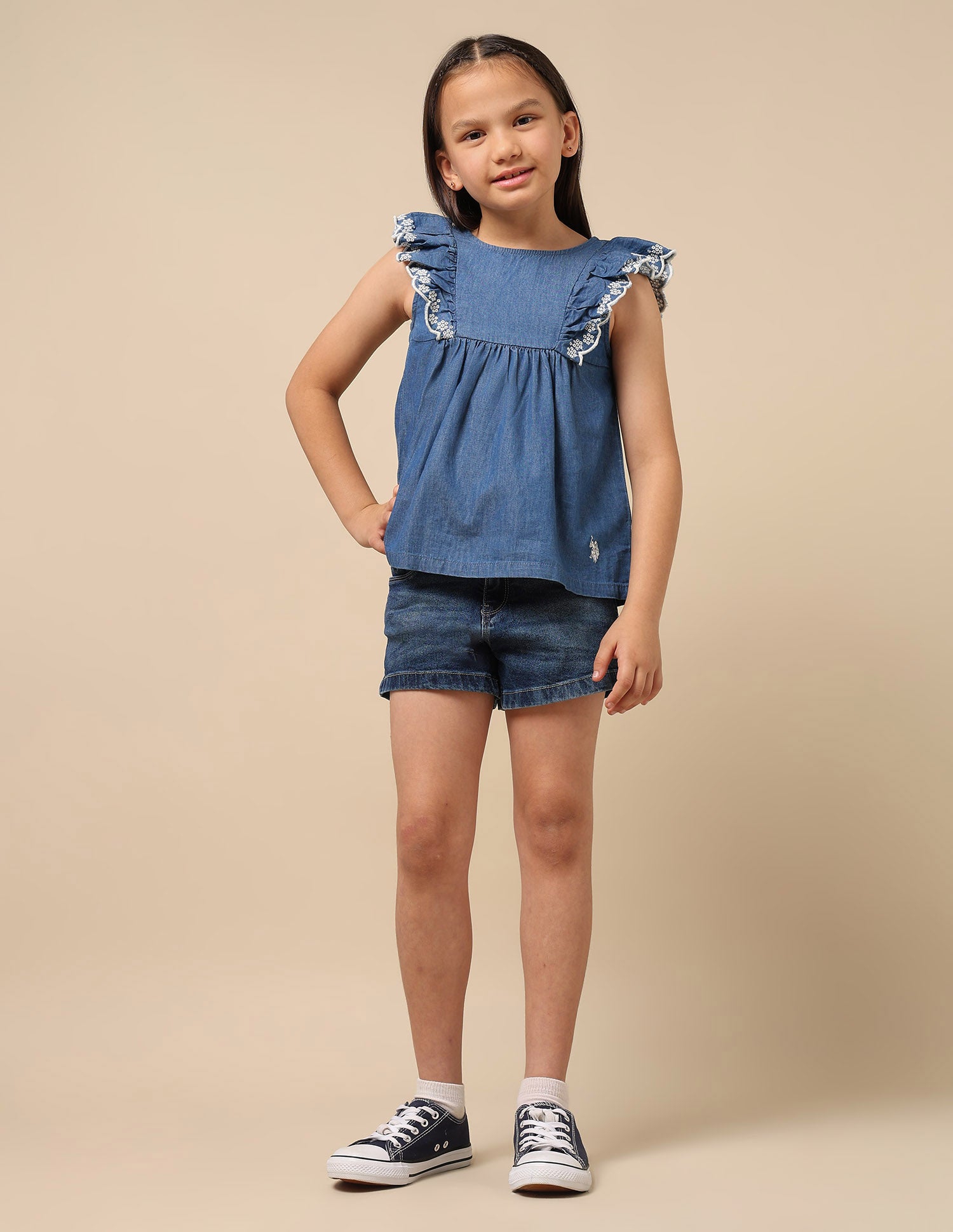 Girls Round Neck Denim Top Blue - U.S. Polo Assn. India | Large