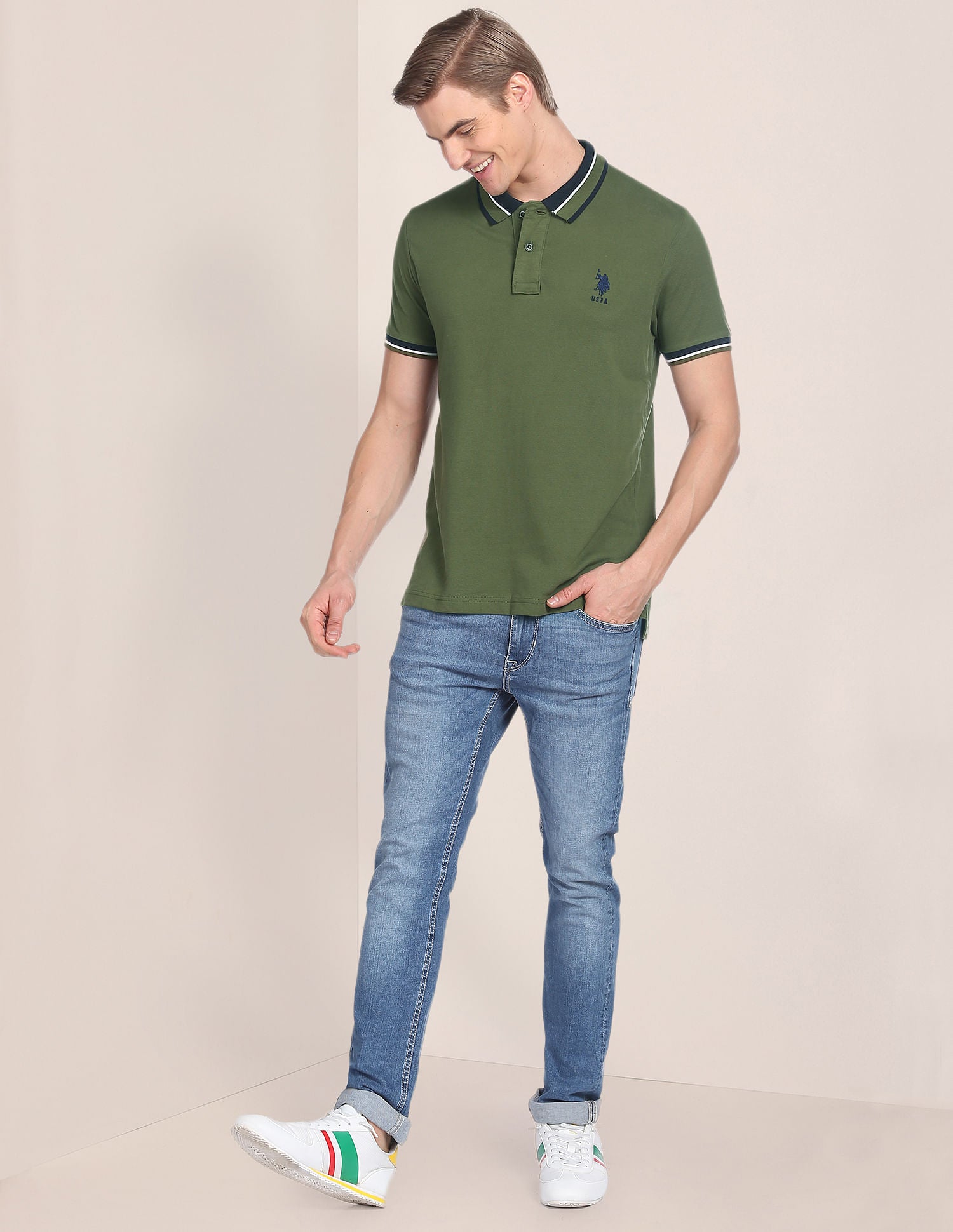 Striped Collar Slim Fit Polo Shirt Olive - U.S. Polo Assn. India | Large