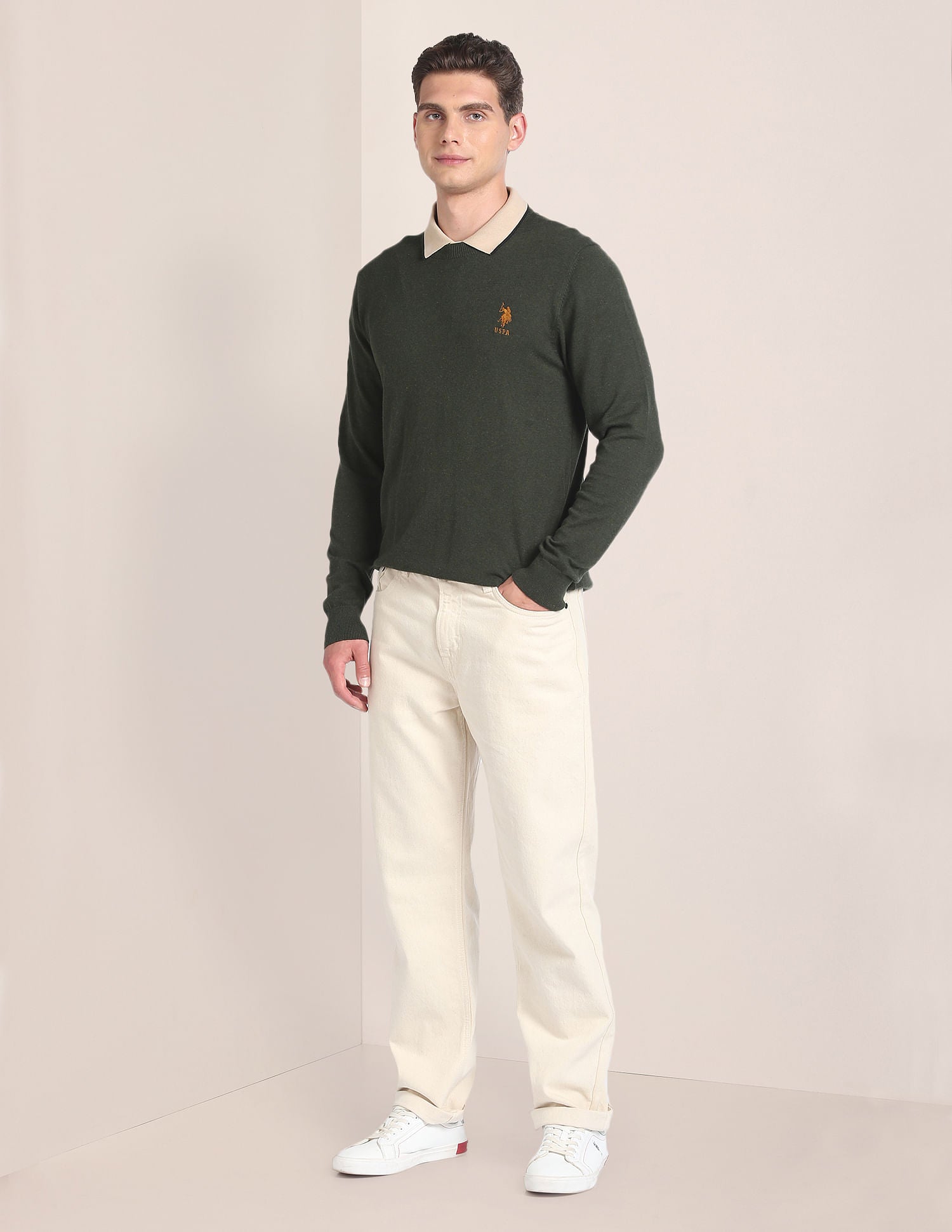 Crew Neck Heathered Sweater Olive - U.S. POLO ASSN. | Large