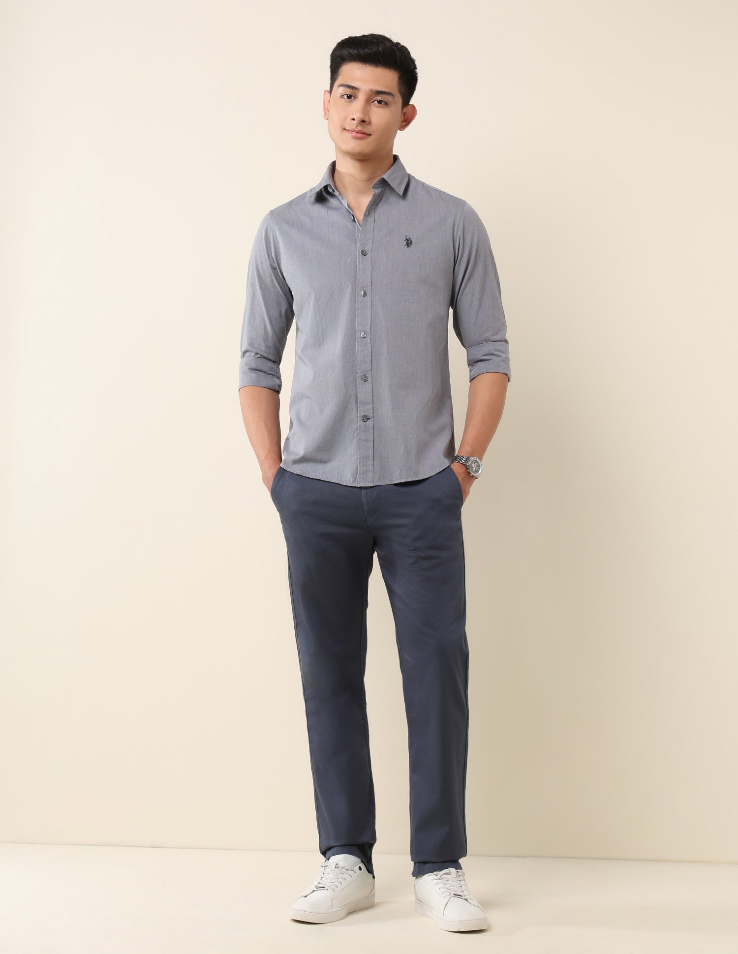 Tailored Fit Pure Cotton Shirt Grey - U.S. Polo Assn. India | Large