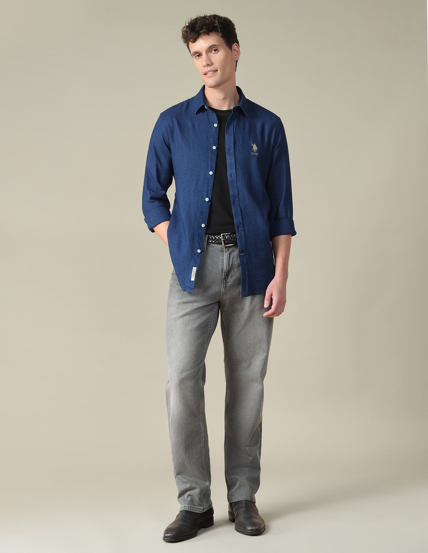 Self Design Houndstooth Twill Shirt Indigo - U.S. Polo Assn. India | Large