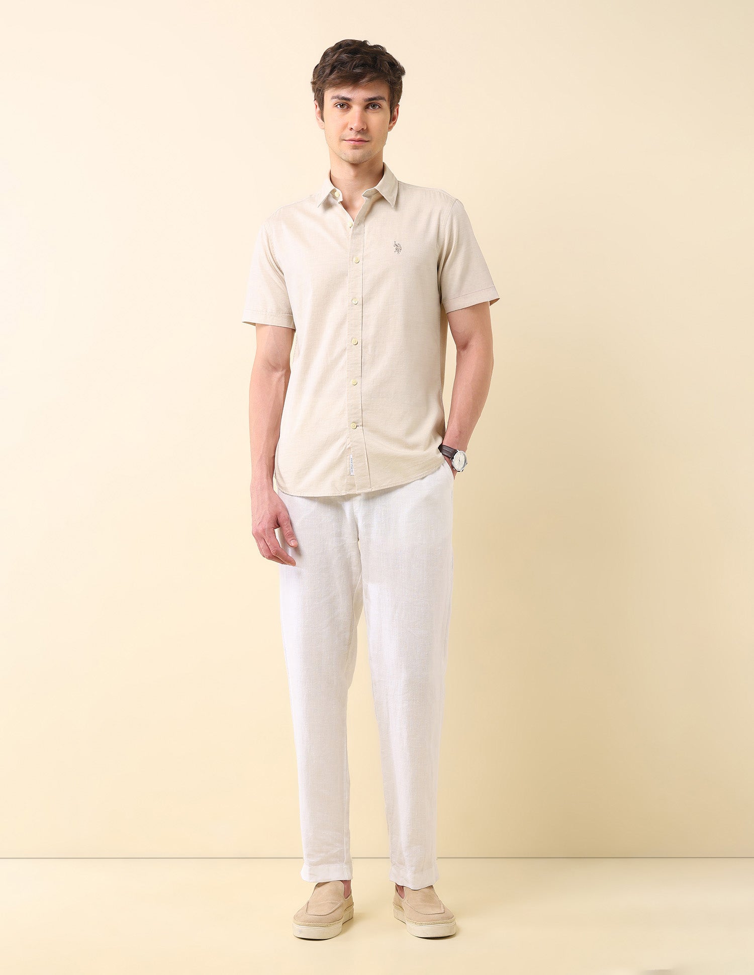 Solid Tailored Fit Pure Cotton Shirt Beige - U.S. Polo Assn. India | Large