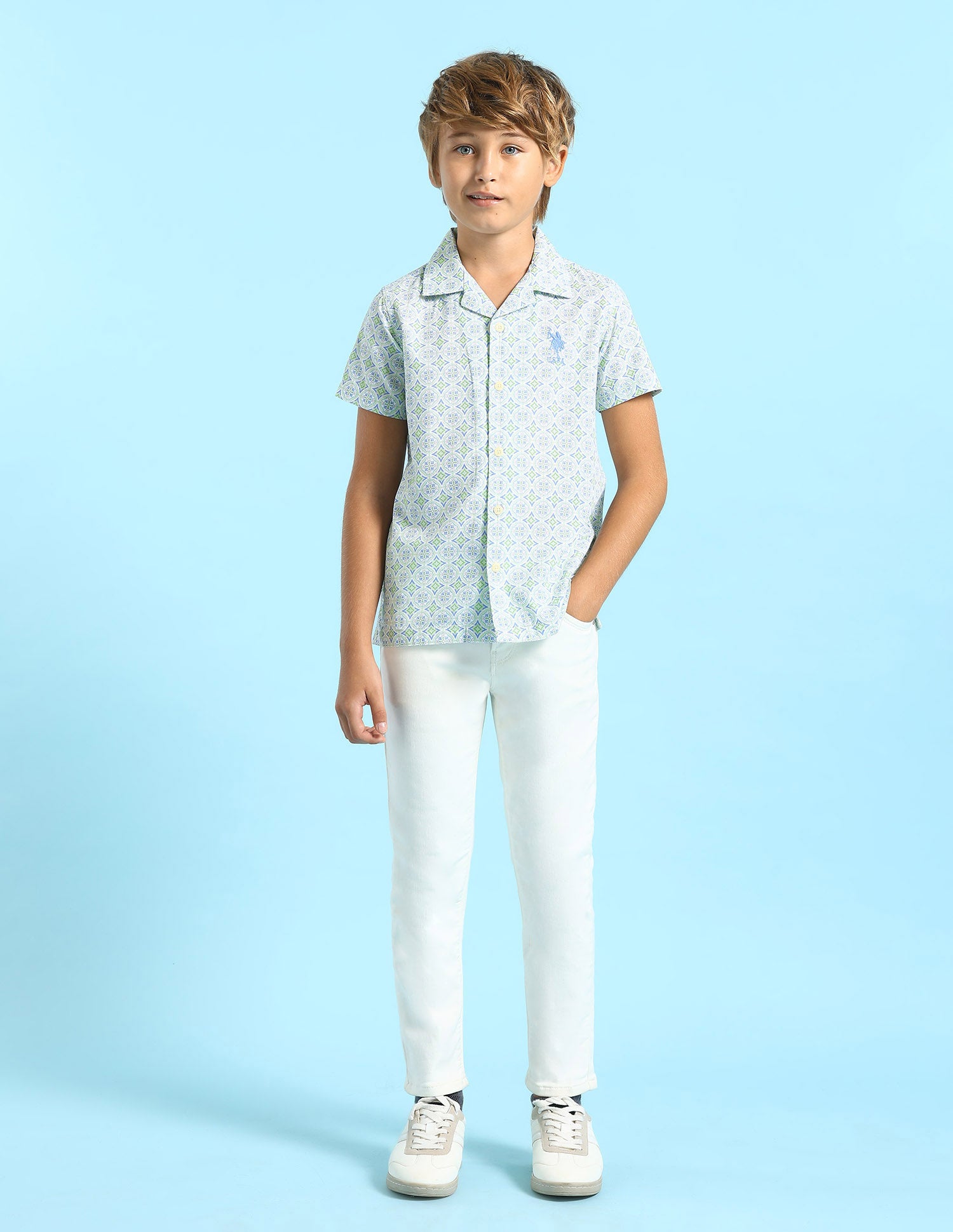 Boys Geometric Printed Regular Fit Shirt Light Green - U.S. POLO ASSN. | Large