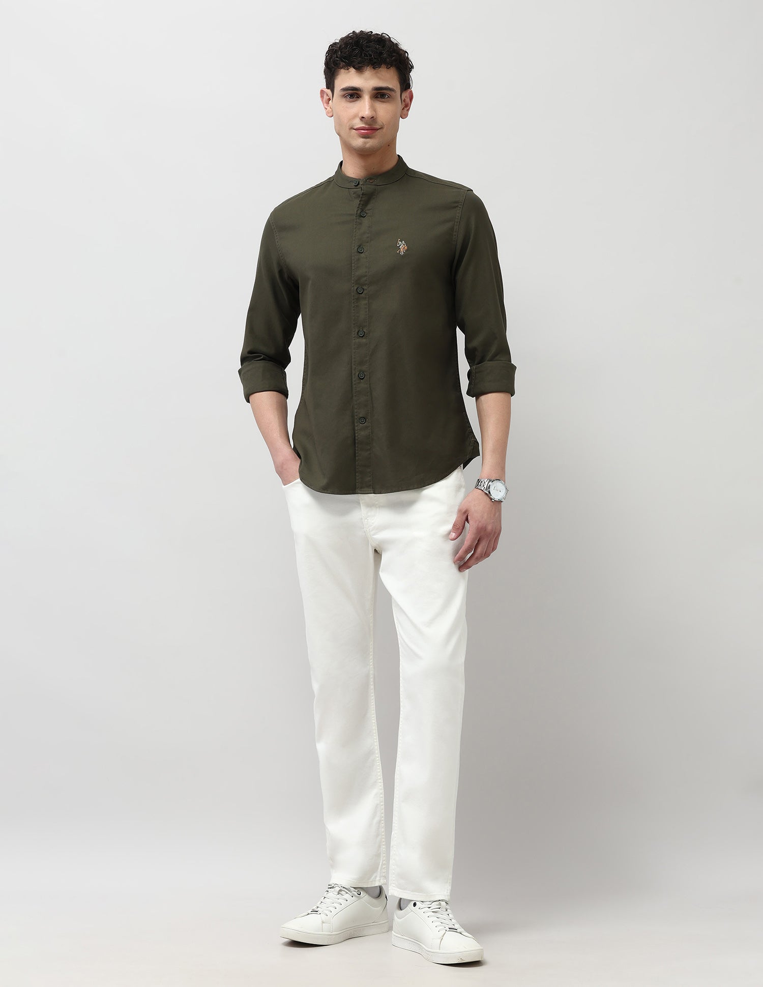 Twill Pure Cotton Mandarin Shirt Dark Olive - U.S. POLO ASSN. | Large
