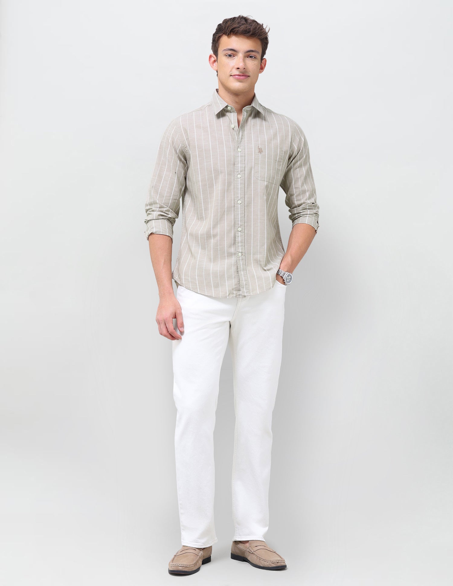 Vertical Striped Regular Fit Shirt Beige - U.S. Polo Assn. India | Large