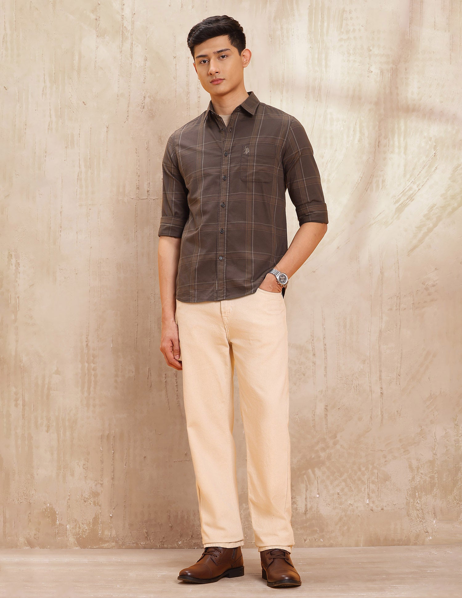 Grid Tattersall Checked Pure Cotton Shirt Dark Brown - U.S. POLO ASSN. | Large