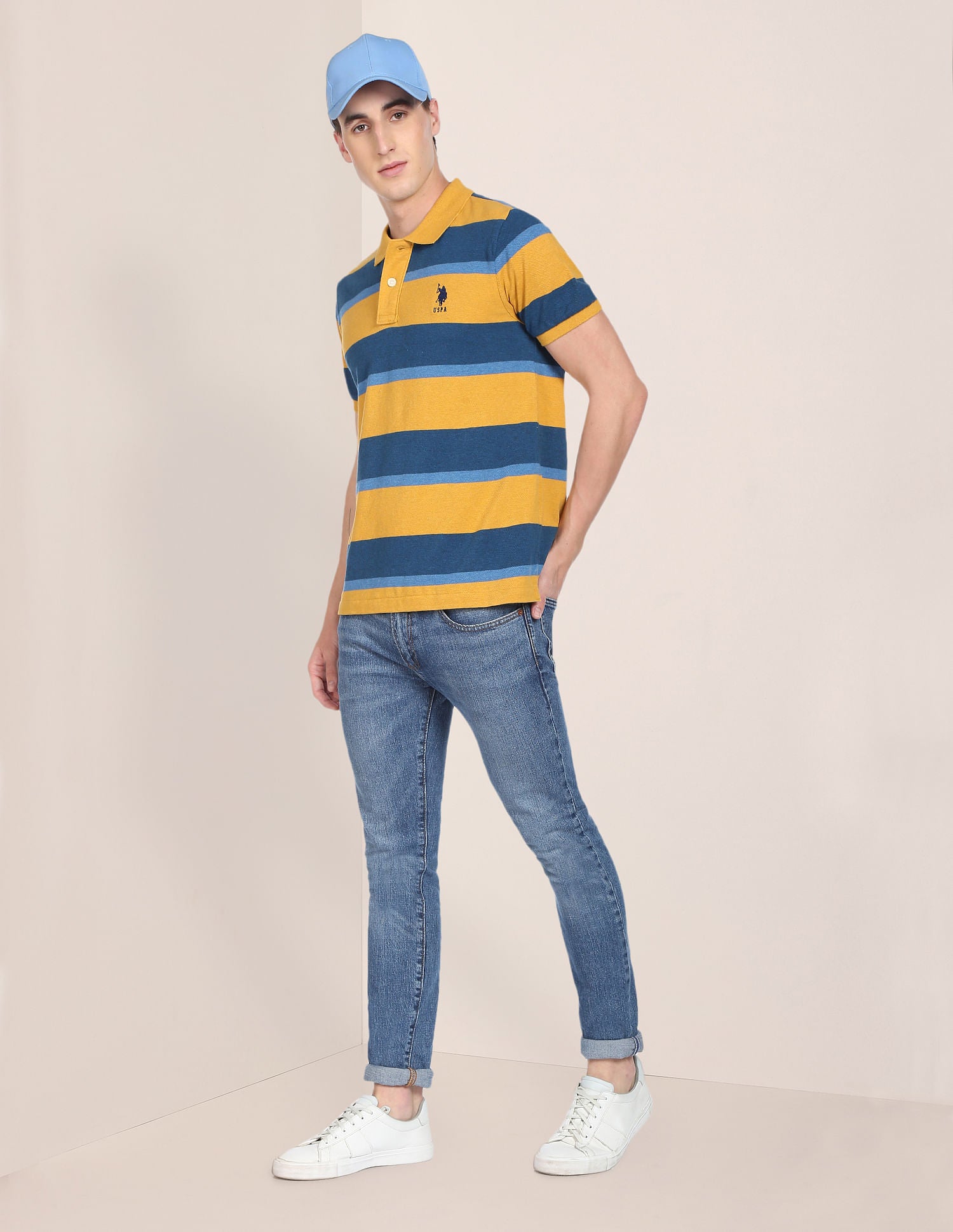 Ribbed Collar Horizontal Striped Polo Shirt Mustard and Blue - U.S. Polo Assn. India | Large