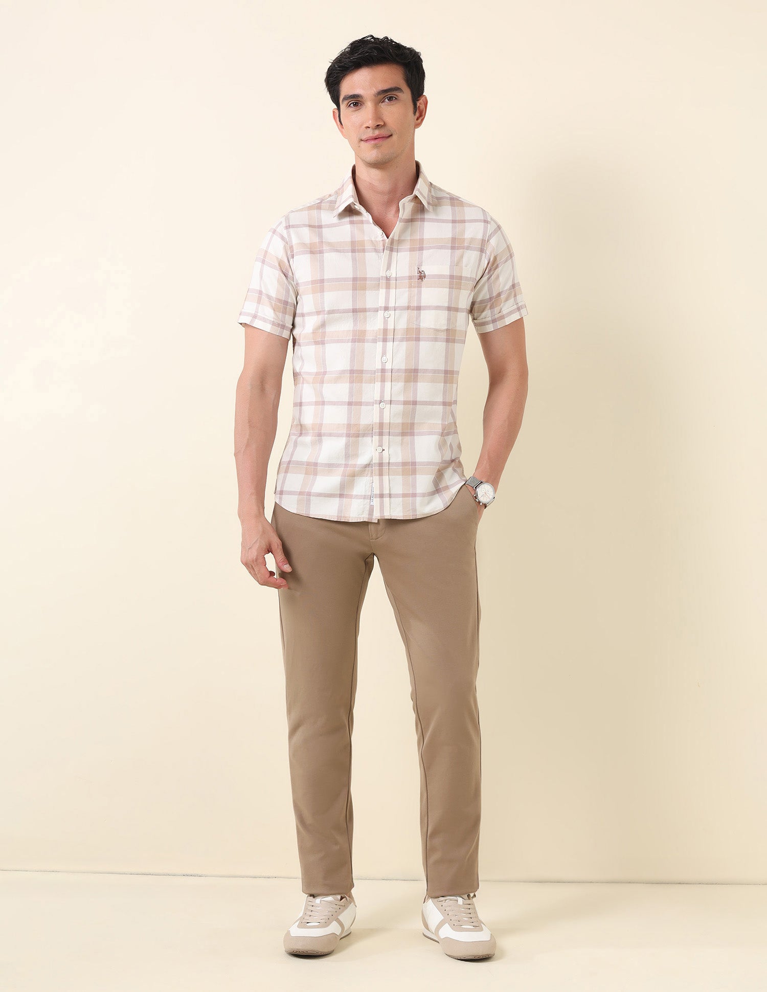 Grid Tattersall Checked Tailored Fit Shirt Ecru - U.S. Polo Assn. India | Large